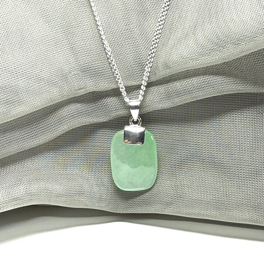 Real green jade necklace cushion shaped silver with a chain, stunning pendant