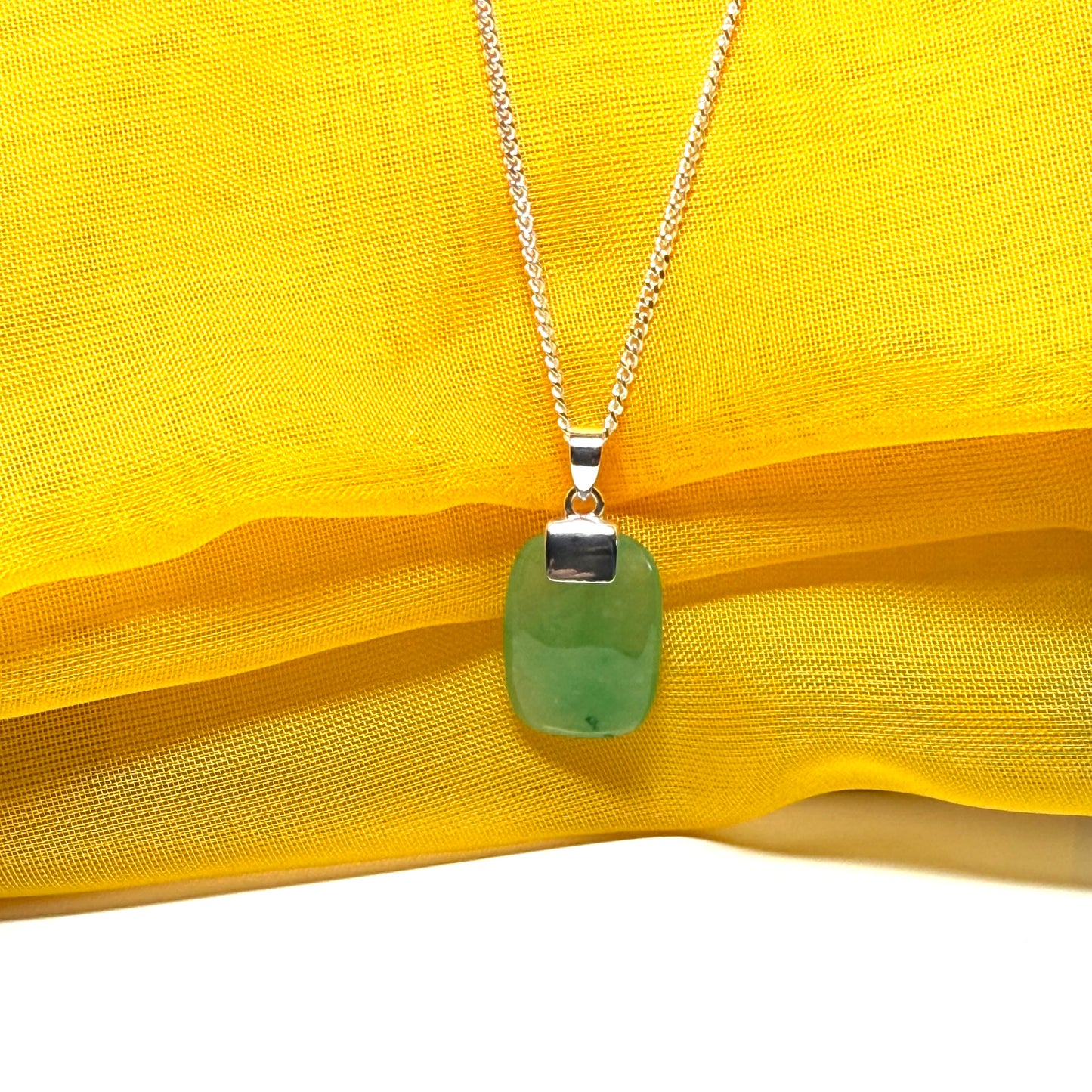 Real green jade necklace cushion shaped silver with a chain, truly stunning pendant