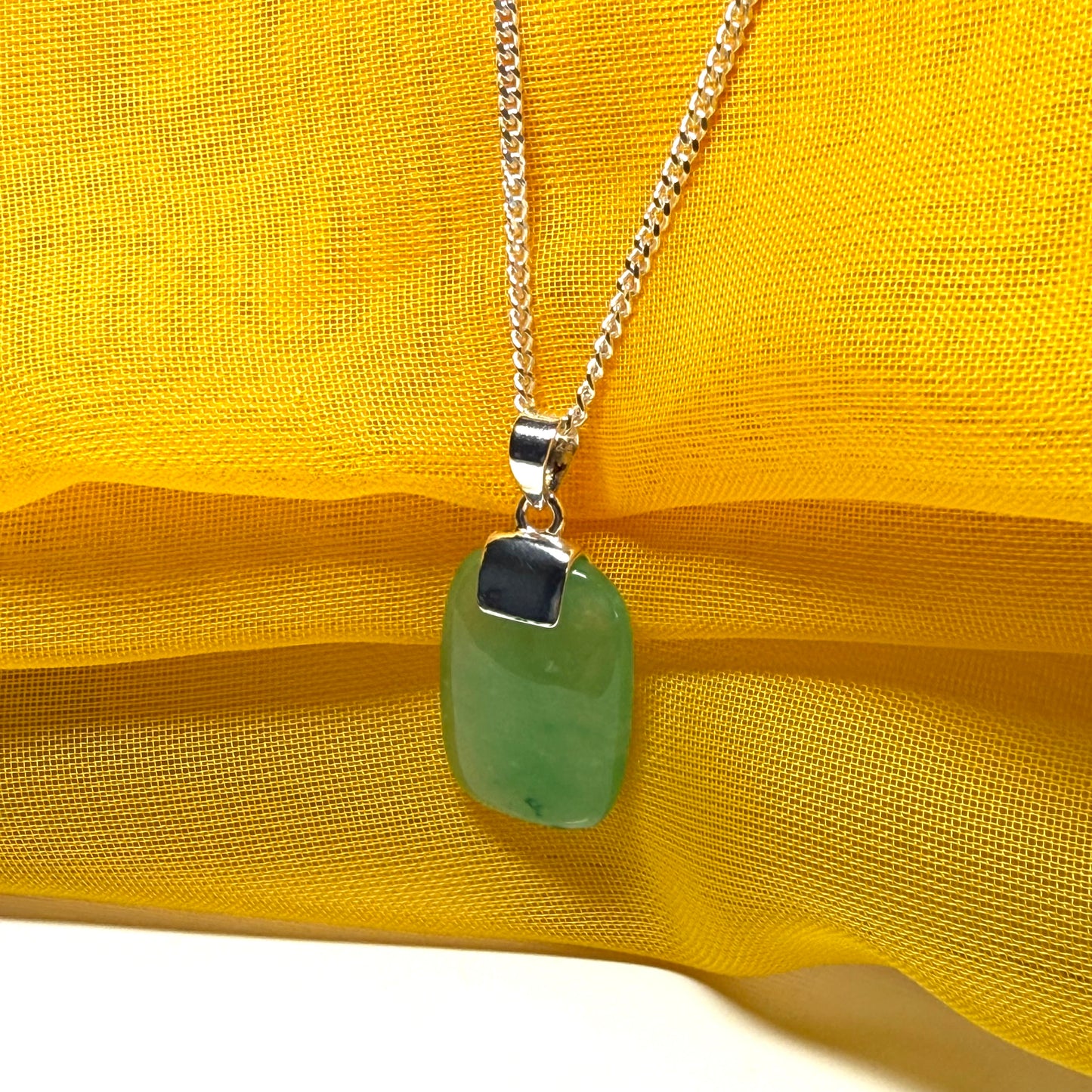 Real green jade necklace cushion shaped silver with a chain, truly stunning pendant