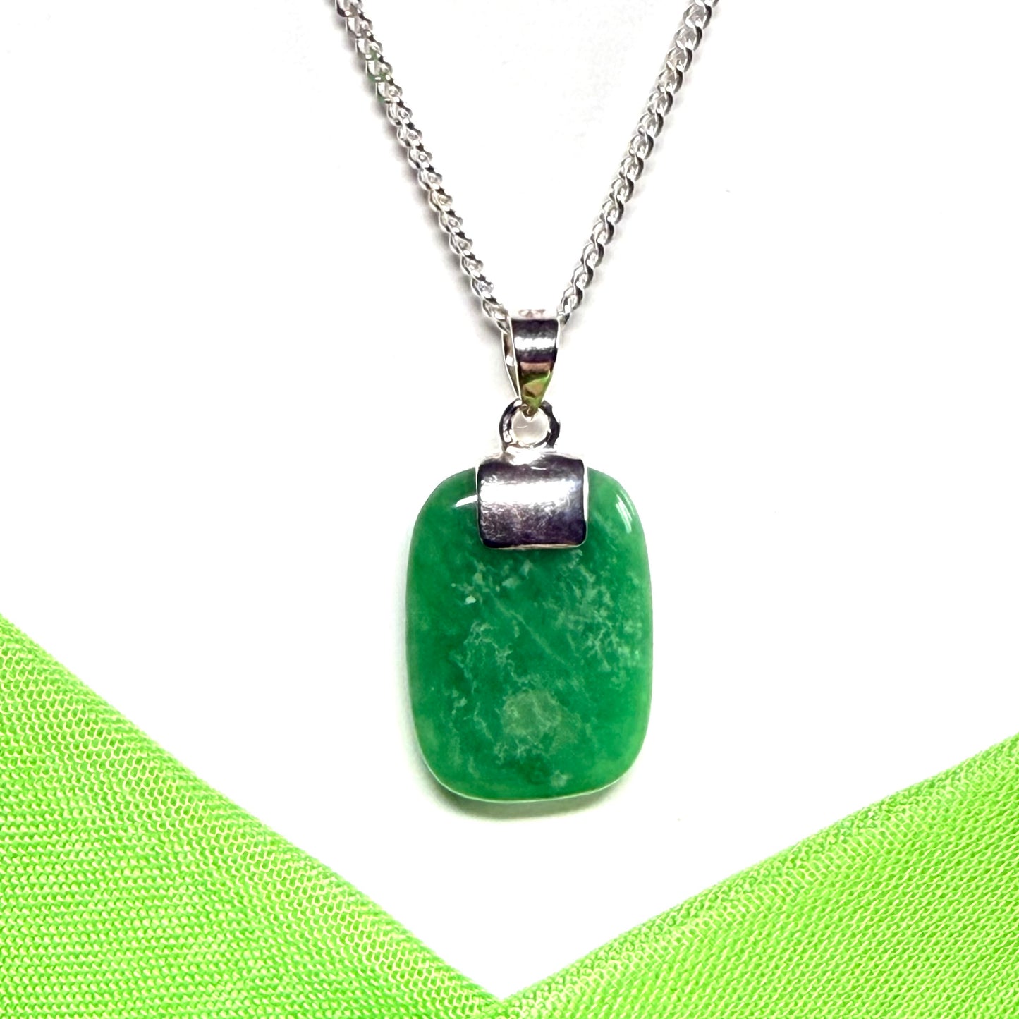 Real green jade necklace cushion shaped stone sterling silver