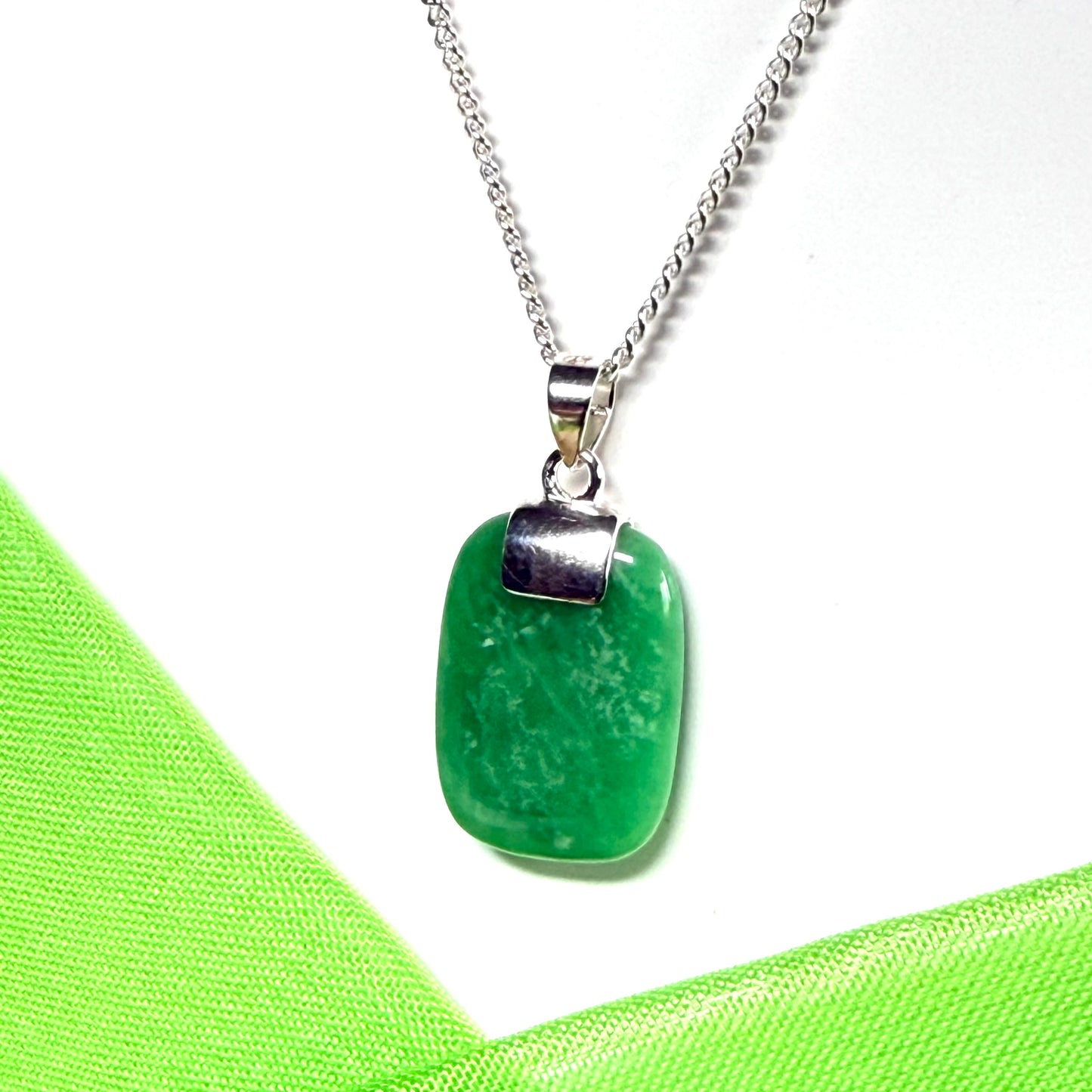 Real green jade necklace cushion shaped stone sterling silver