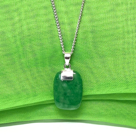 Real green jade necklace cushion shaped stone sterling silver, a timeless designed pendant
