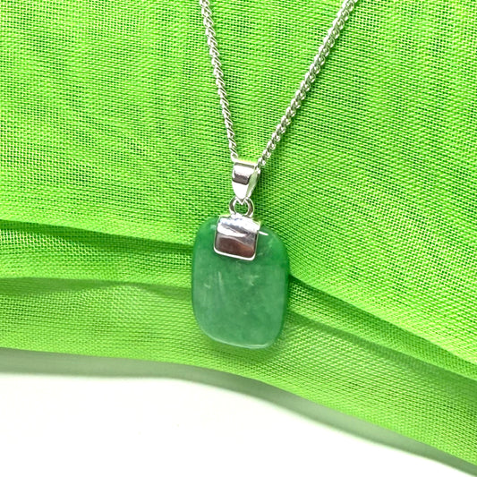 Real green jade necklace cushion shaped stone sterling silver chain included, a timeless design