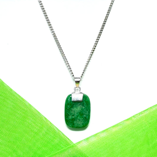 Real green jade necklace cushion shaped stone sterling silver floating pendant, timeless design
