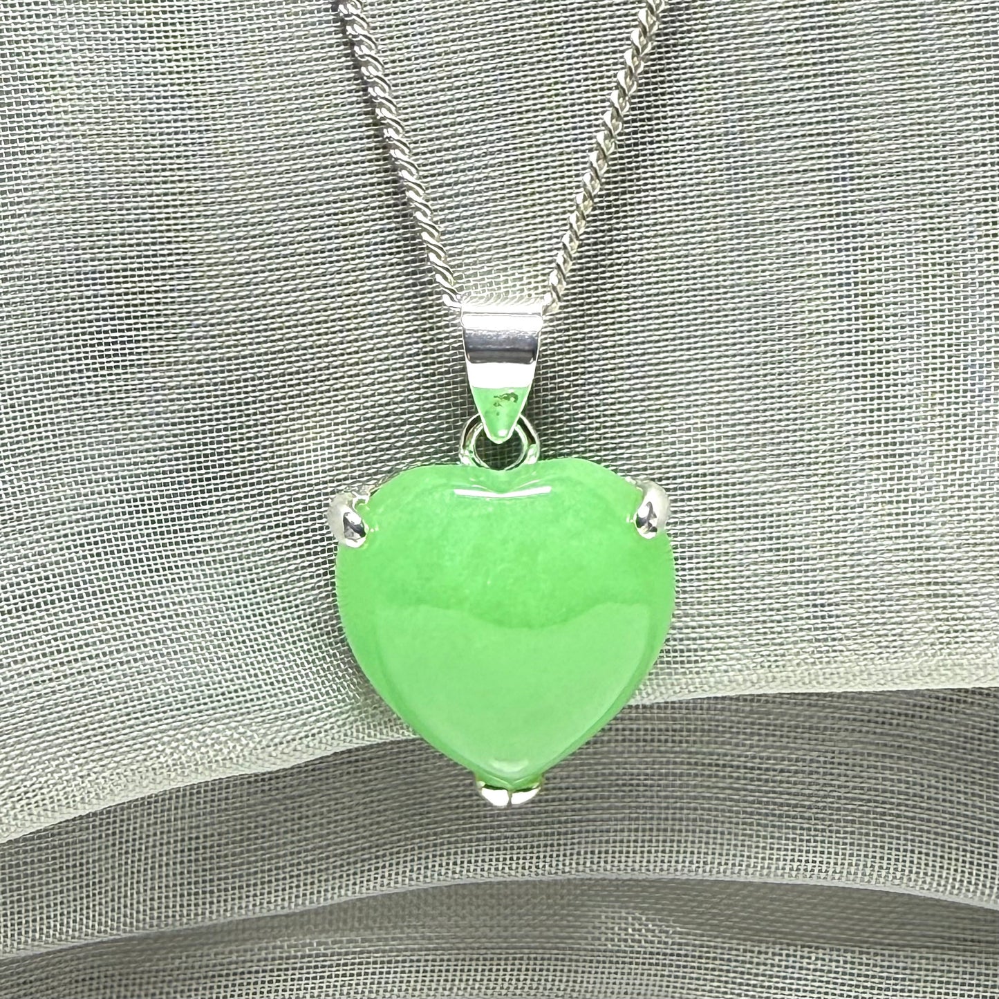 Real green jade necklace heart shaped sterling silver with chain included