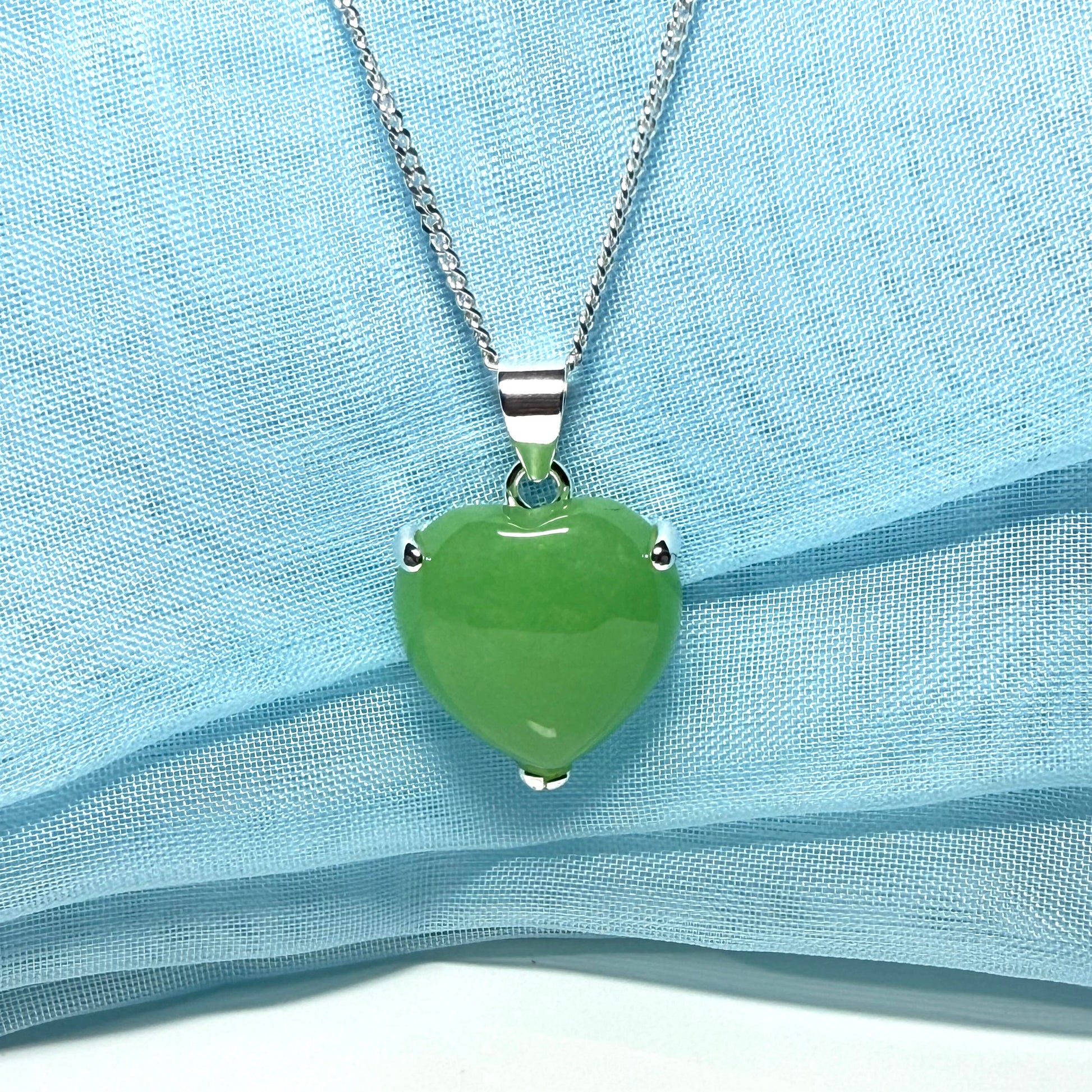 Real green jade necklace heart shaped sterling silver with chain