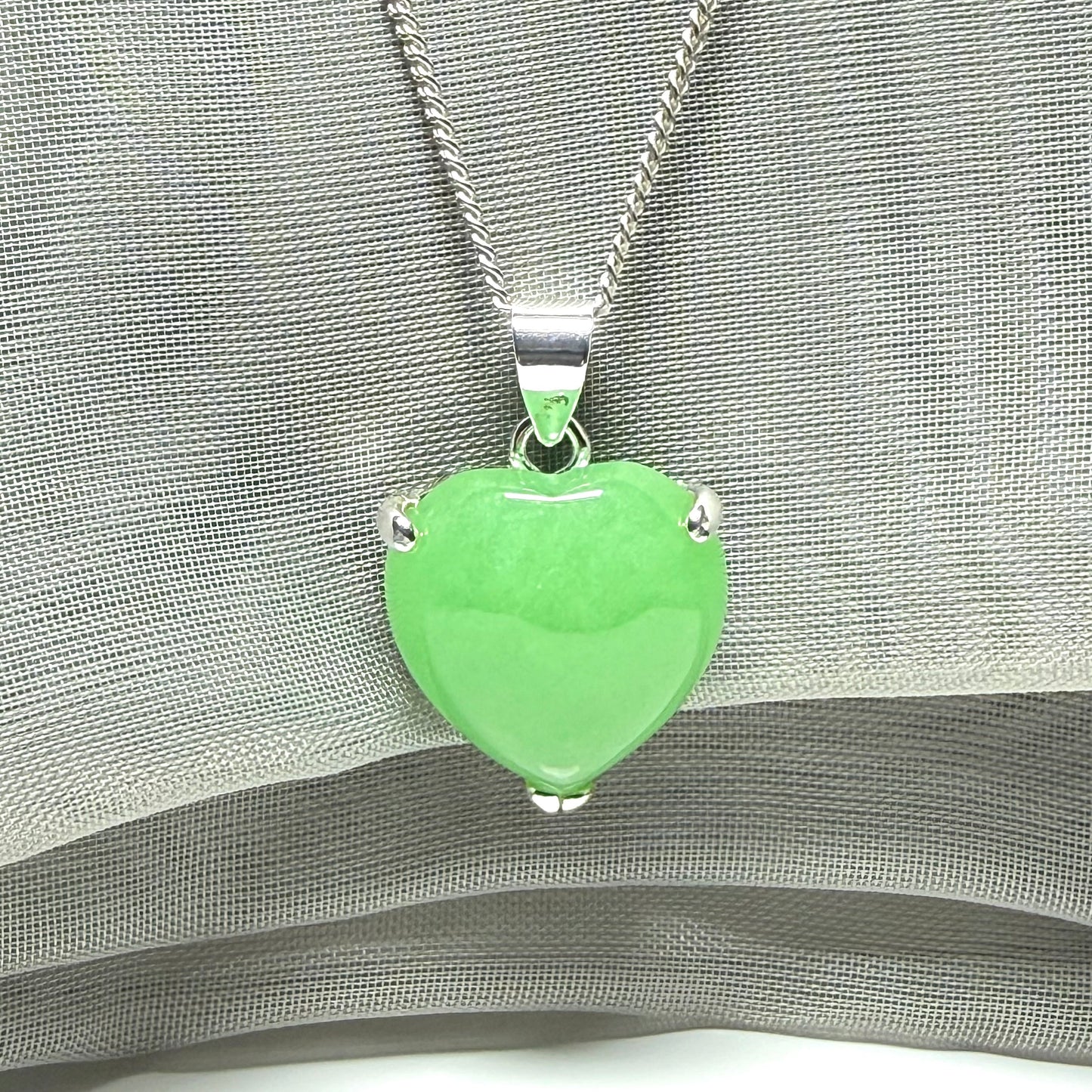 Real green jade necklace heart shaped sterling silver with chain included