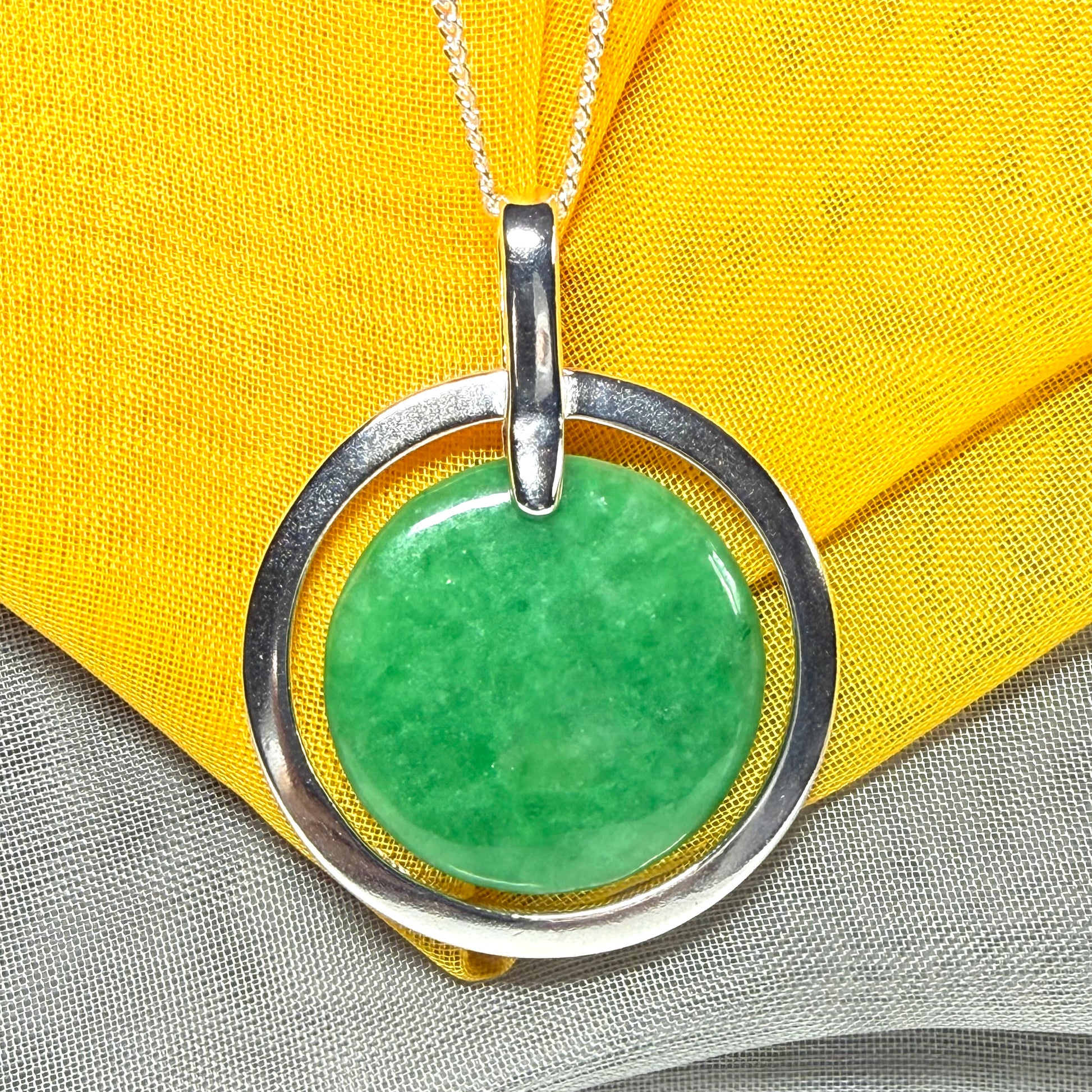 Real green jade necklace in a large round shape a stunning designed halo pendant, beautiful