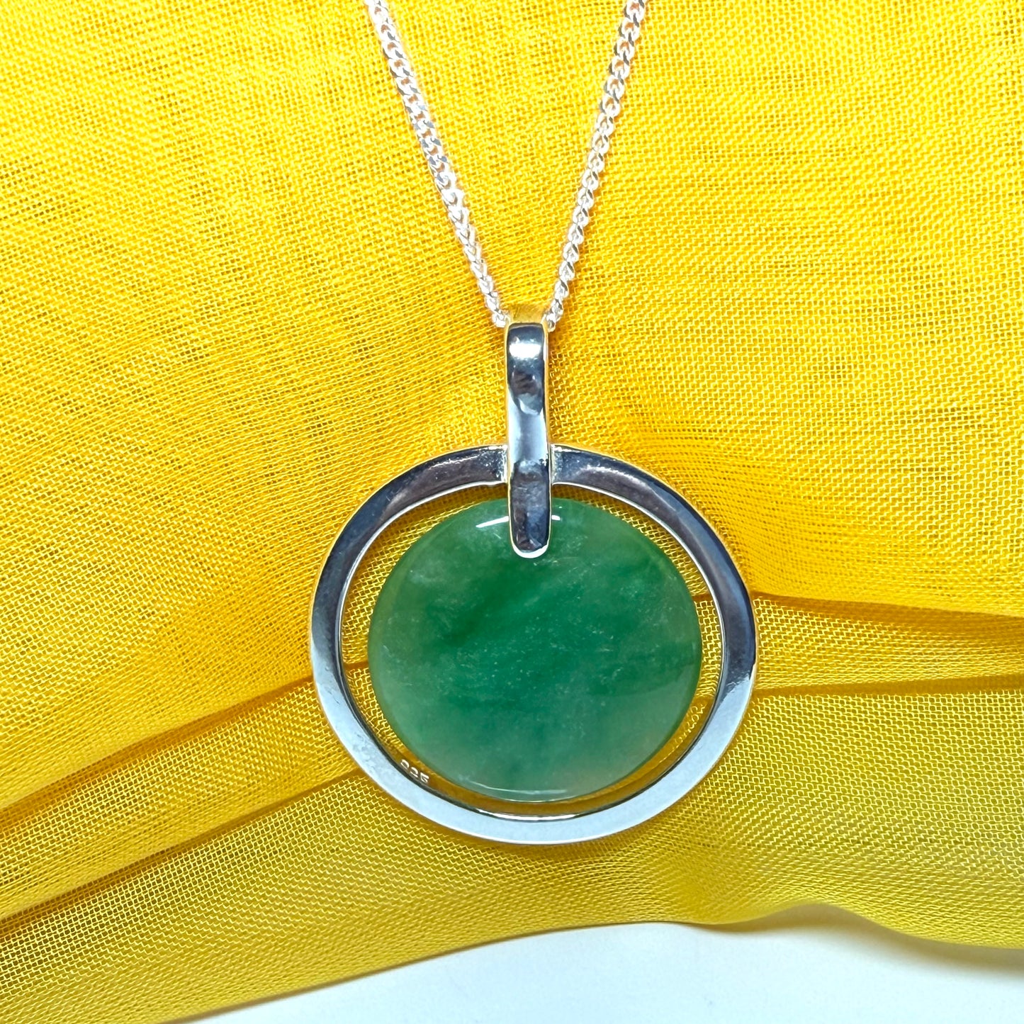 Real green jade necklace in a large round shape a stunning designed halo pendant with chain