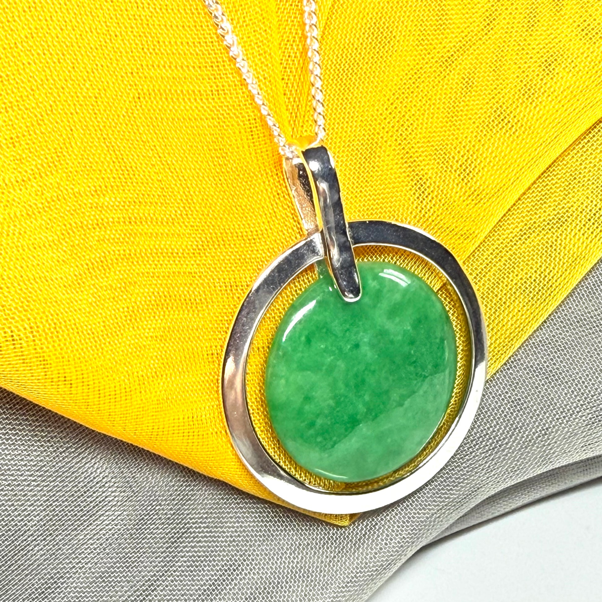 Real green jade necklace in a large round shape a stunning designed halo pendant, beautiful