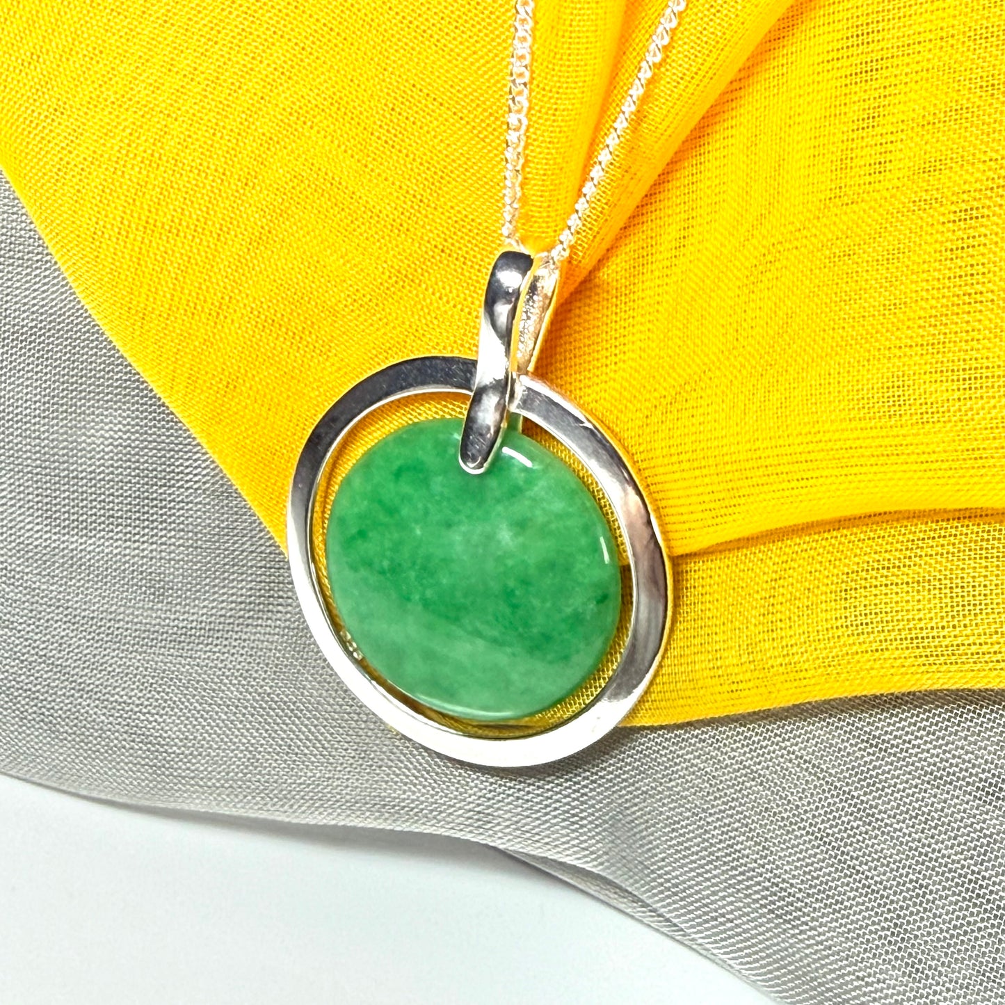 Real green jade necklace in a large round shape a stunning designed halo pendant, beautiful