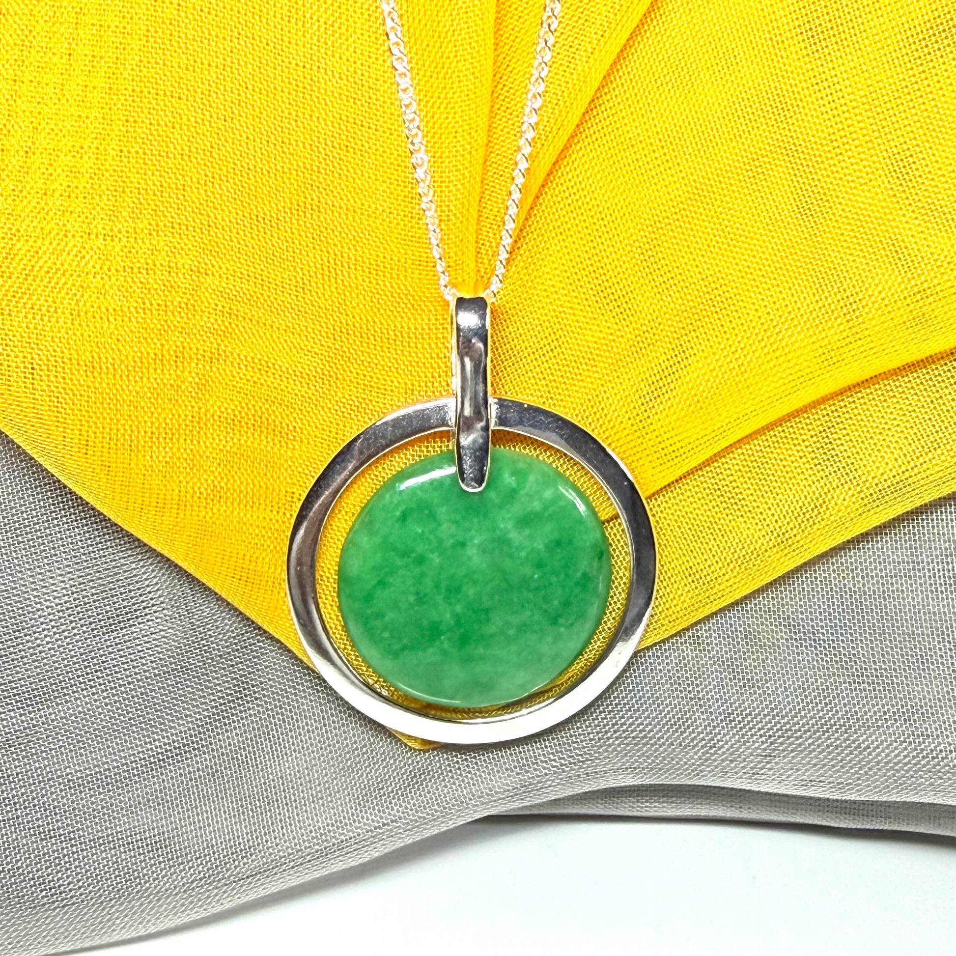 Real green jade necklace in a large round shape a stunning designed halo pendant, beautiful