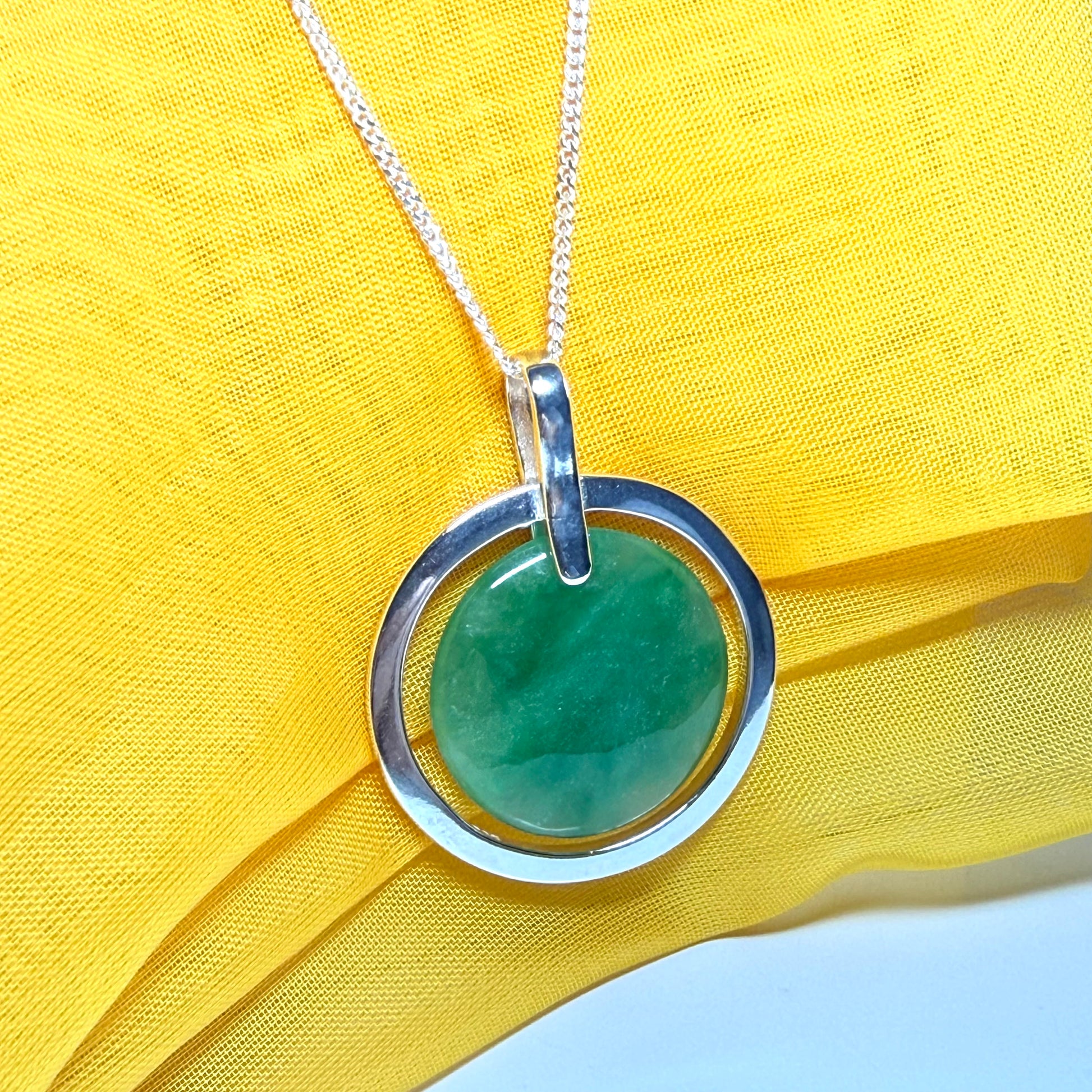 Real green jade necklace in a large round shape a stunning designed halo pendant with chain