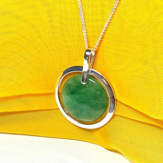 Real green jade necklace in a large round shape a stunning designed halo pendant with chain