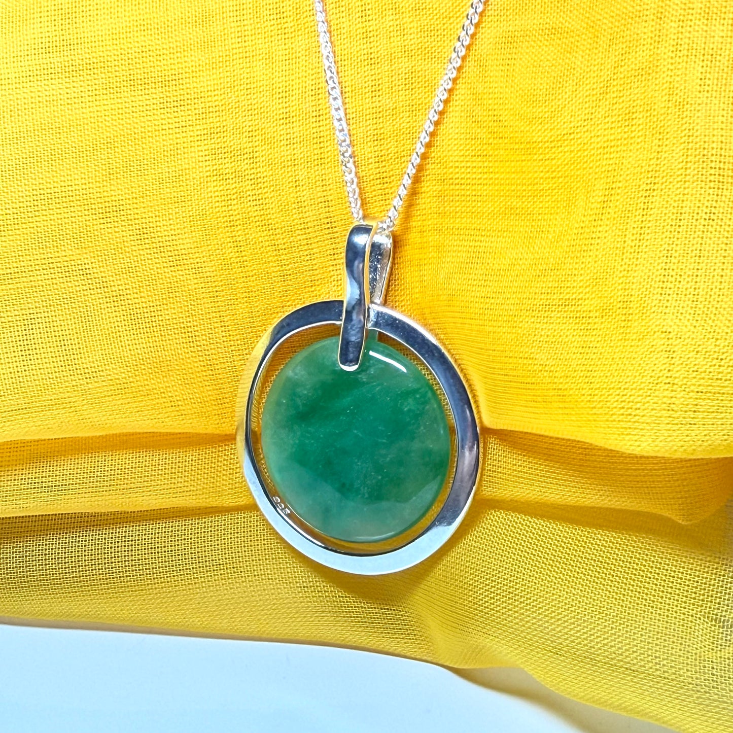 Real green jade necklace in a large round shape a stunning designed halo pendant with chain