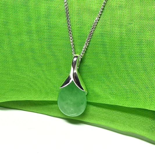 Real green jade necklace in a teardrop or pear shaped, a timeless designed pendant with a chain included