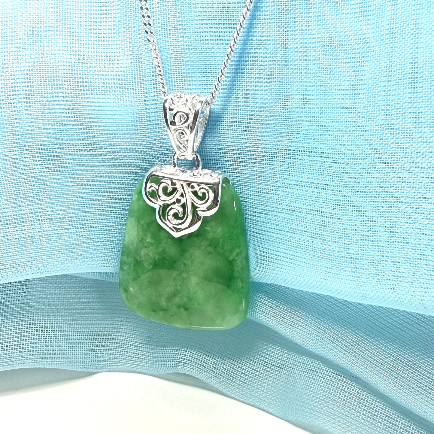 Real green jade necklace large cushion shaped green pendant