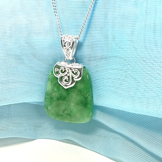 Real green jade necklace large cushion shaped green pendant