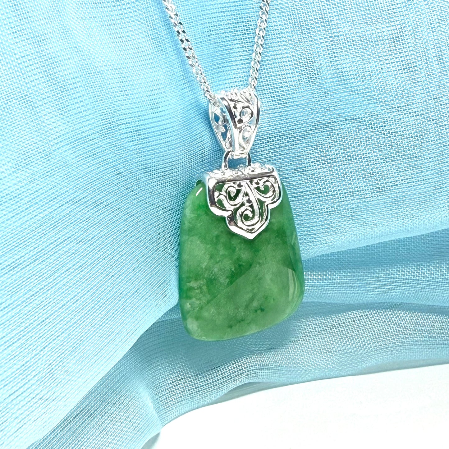 Real green jade necklace large cushion shaped green pendant