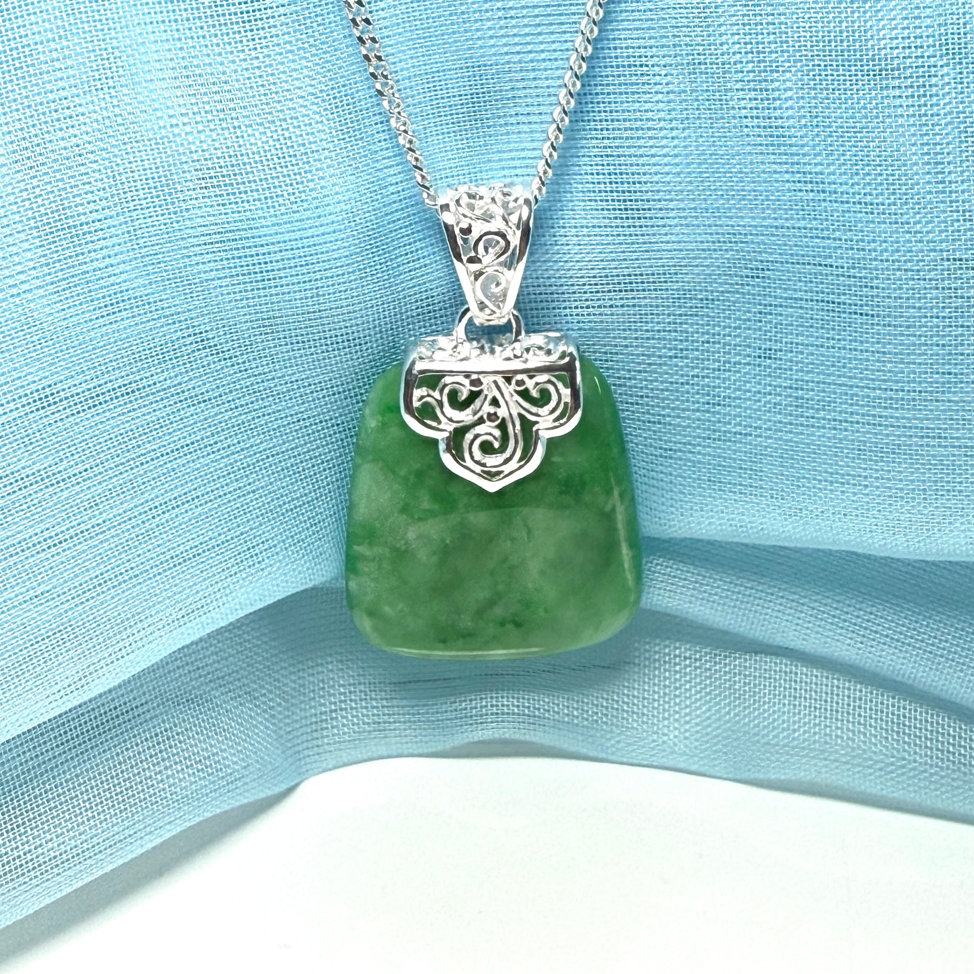 Real green jade necklace large cushion shaped green pendant