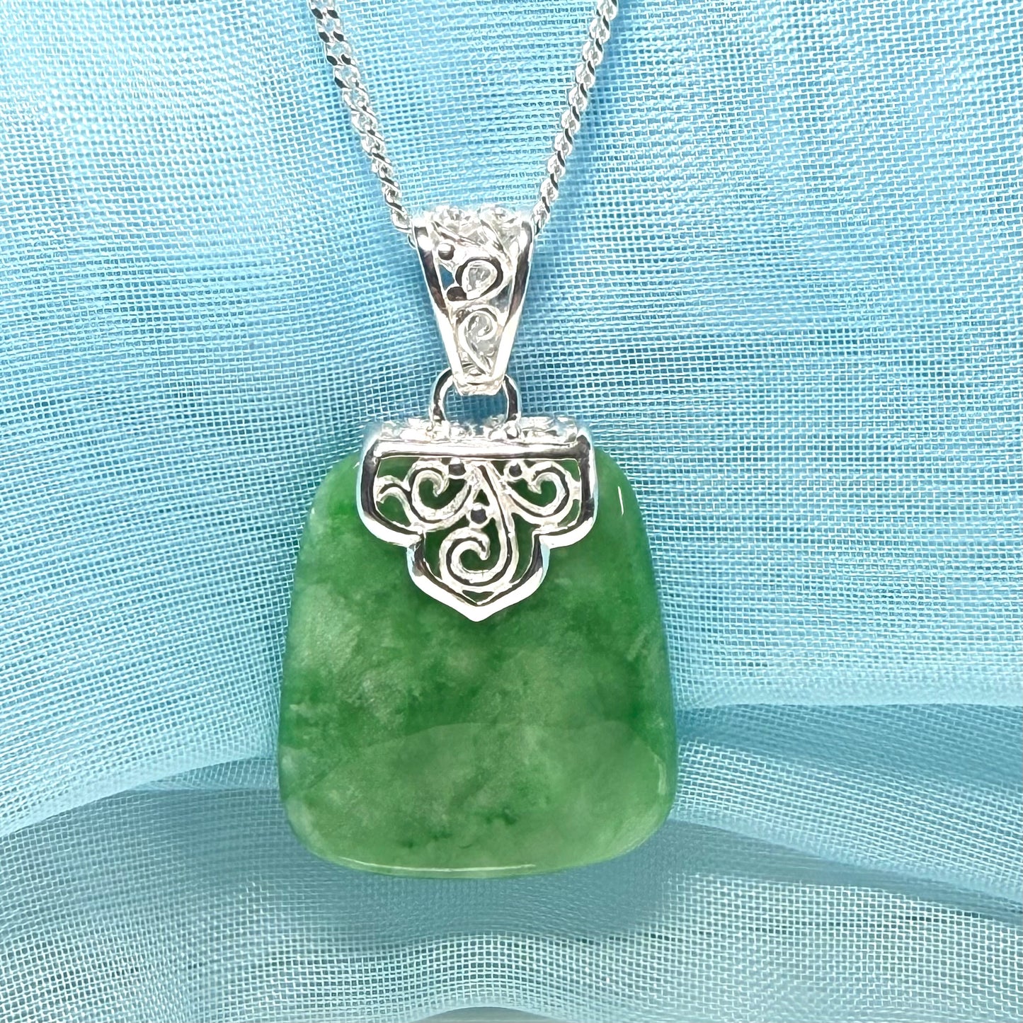 Real green jade necklace large cushion shaped green pendant