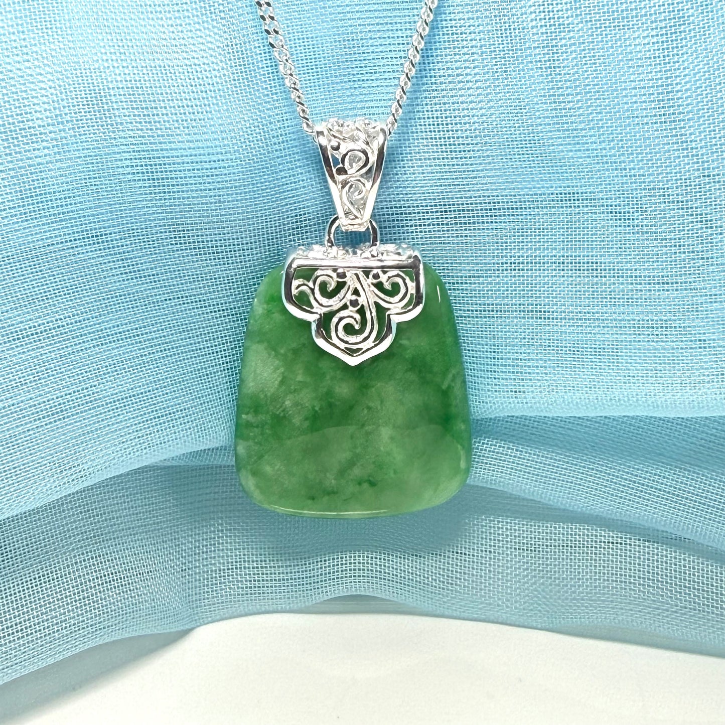 Real green jade necklace large cushion shaped green pendant