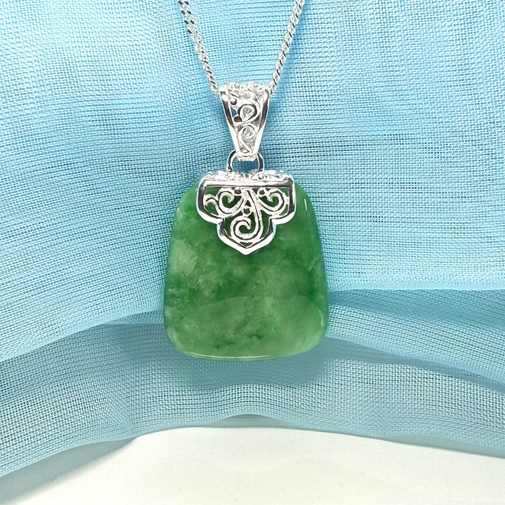 Real green jade necklace large cushion shaped green pendant
