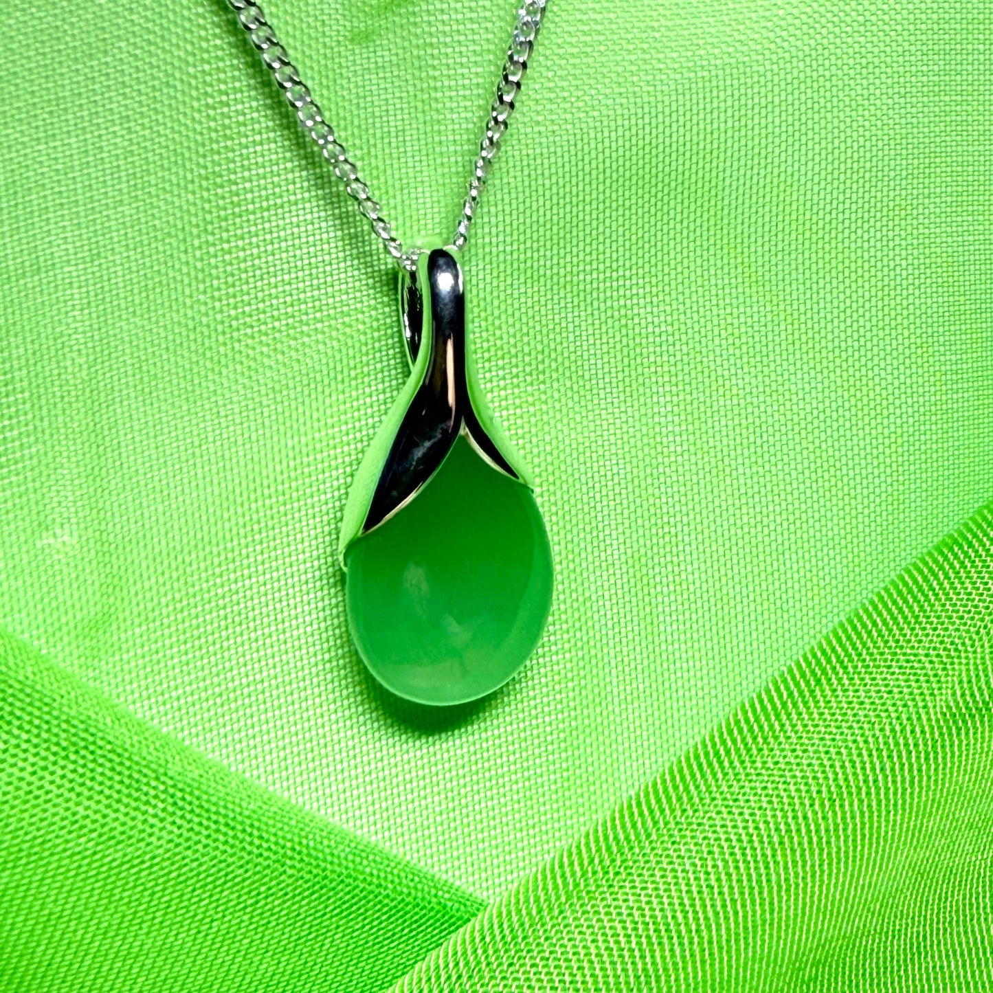 Real green jade necklace pear shaped pendant sterling silver