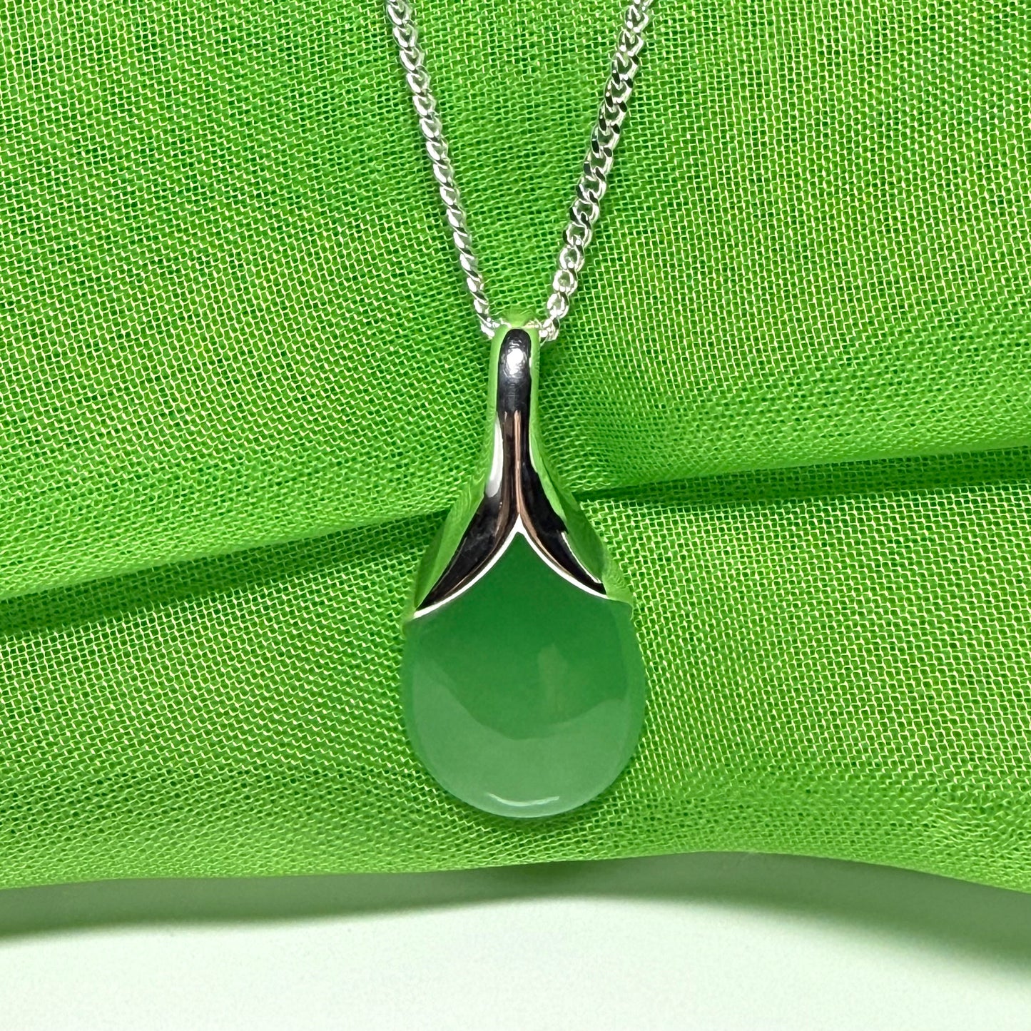 Real green jade necklace pear shaped pendant sterling silver