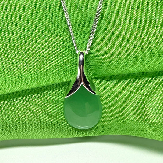 Real green jade necklace pear shaped pendant sterling silver
