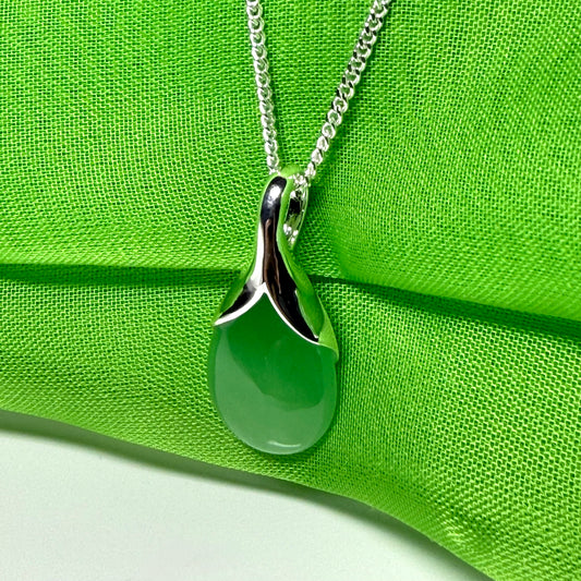 Real green jade necklace pear shaped pendant sterling silver