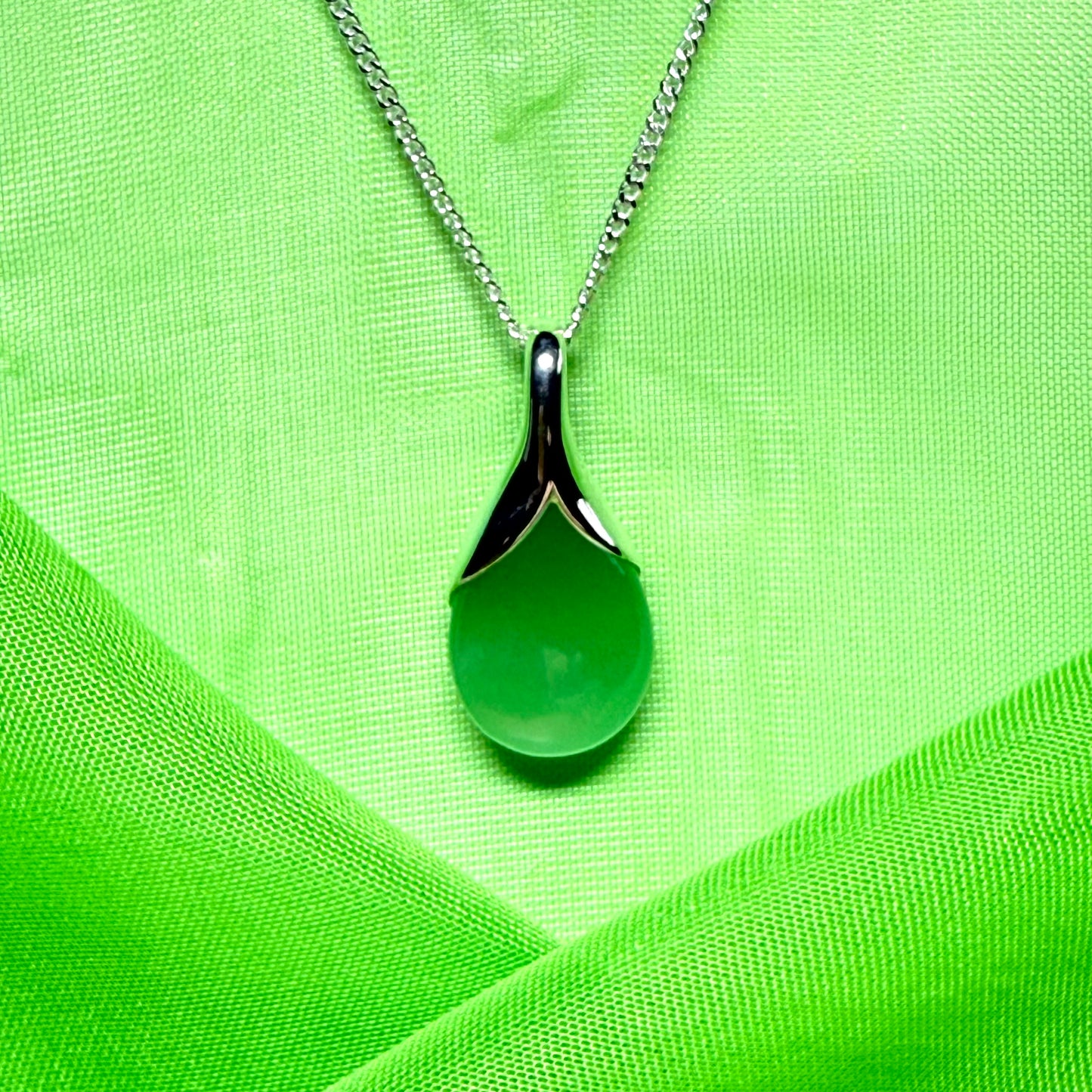 Real green jade necklace pear shaped pendant sterling silver