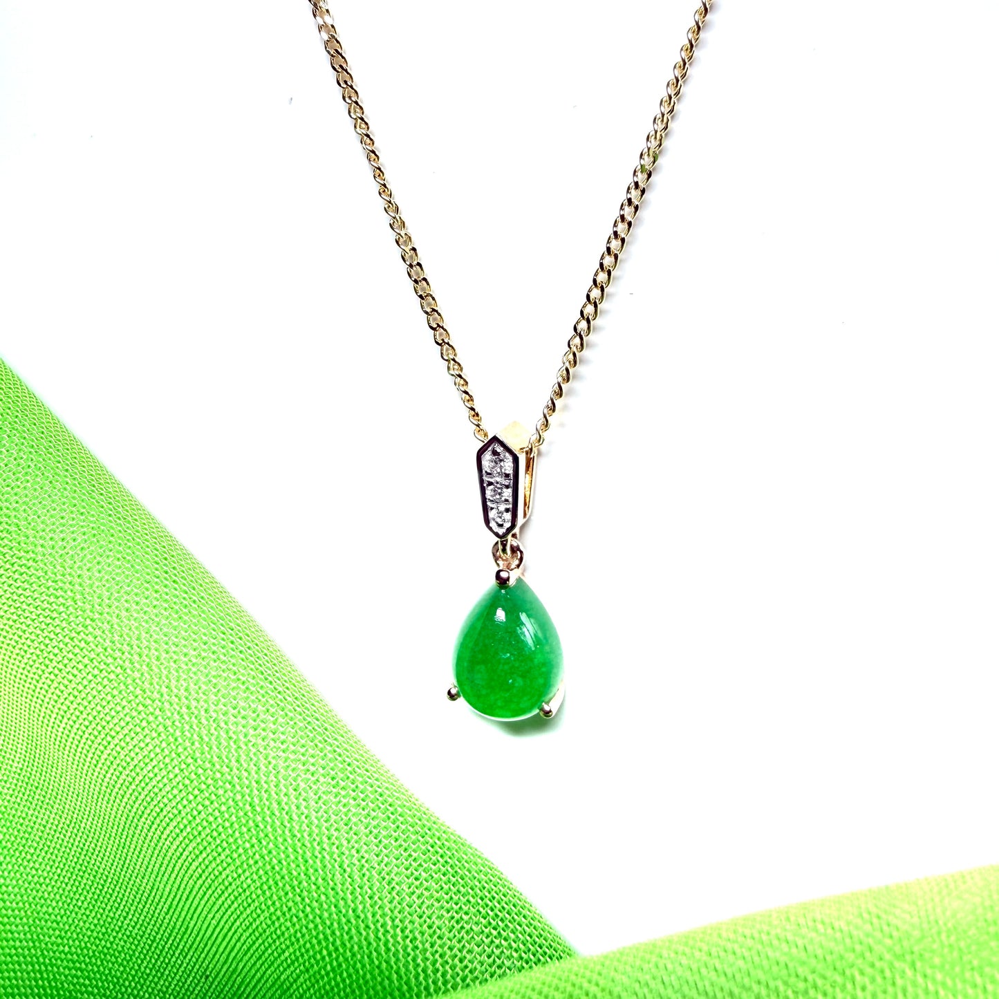 Real green jade necklace pear teardrop and diamond yellow gold pendant