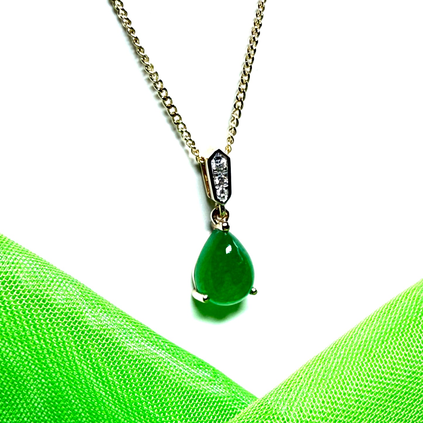 Real green jade necklace pear teardrop and diamond yellow gold pendant