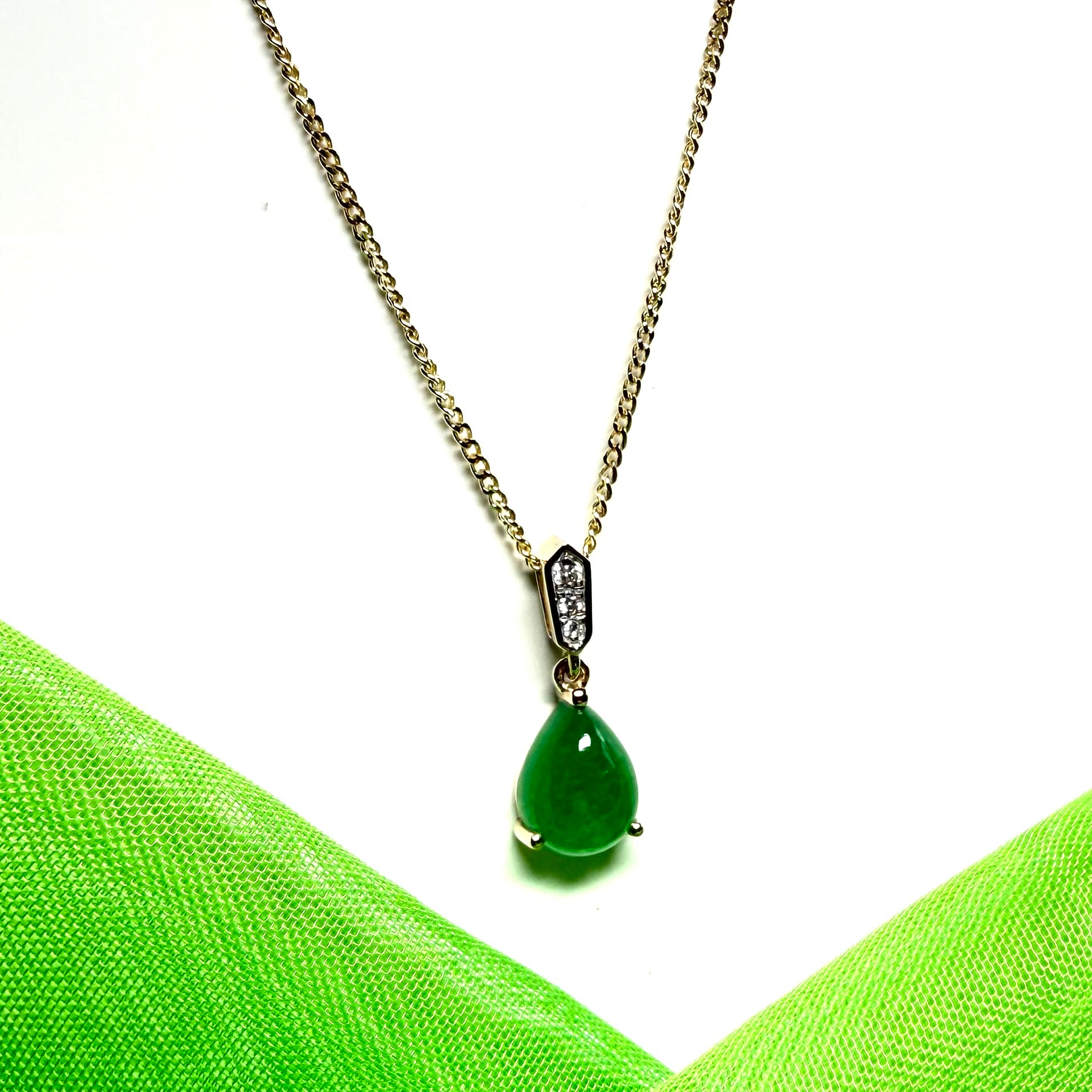 Real green jade necklace pear teardrop and diamond yellow gold pendant