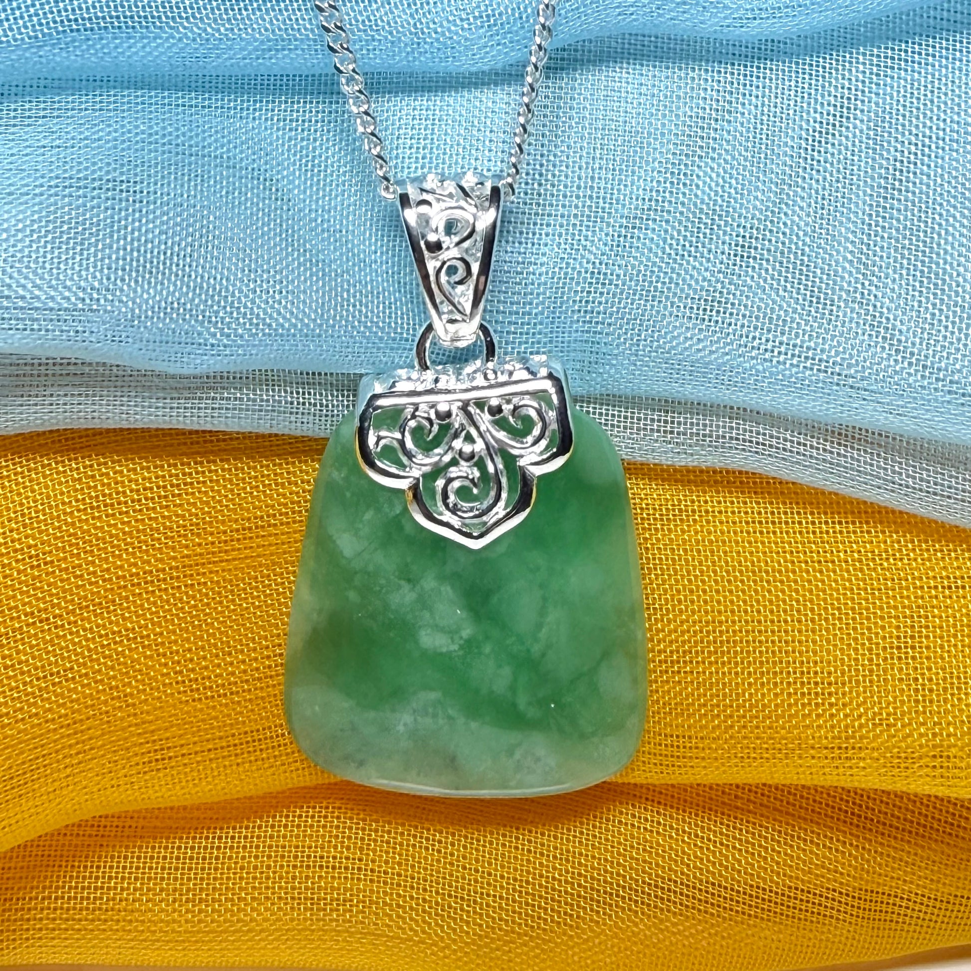 Real green jade necklace sterling silver large cushion shaped pendant
