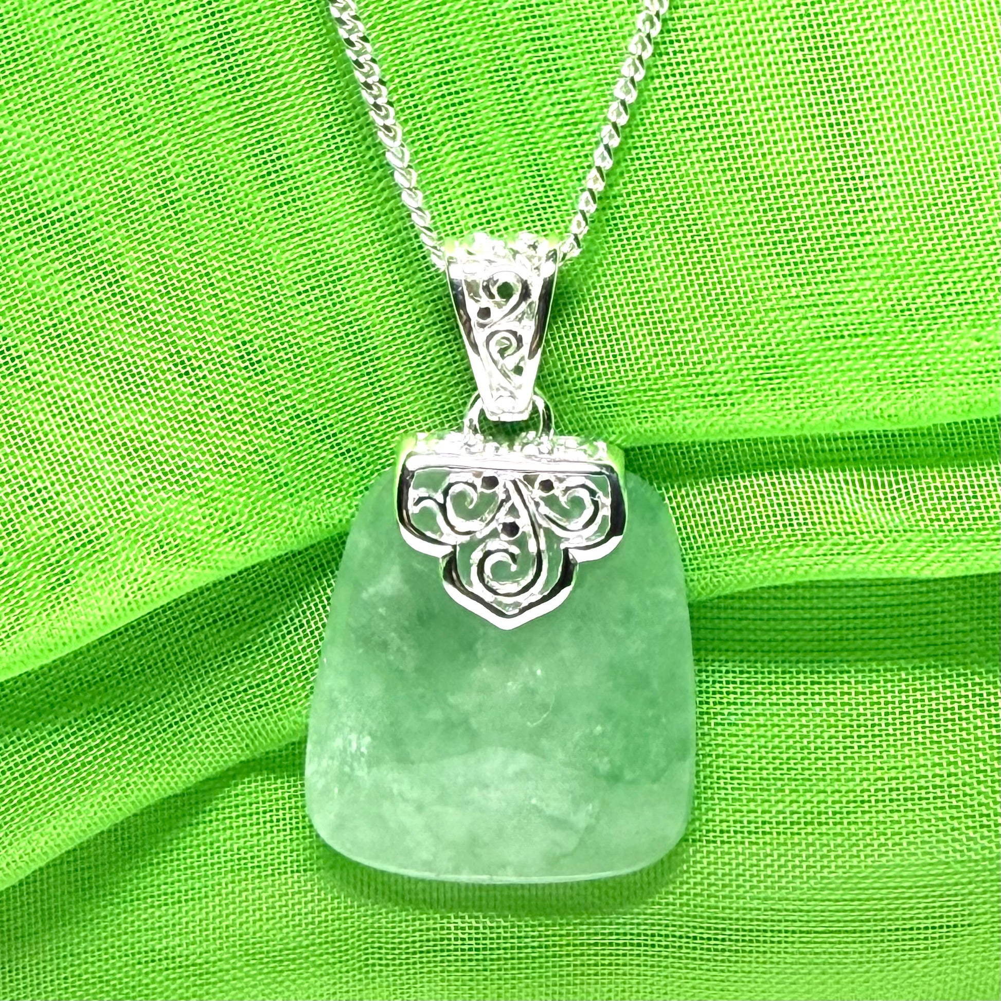 Real green jade necklace sterling silver large cushion shaped, a truly gorgeous pendant