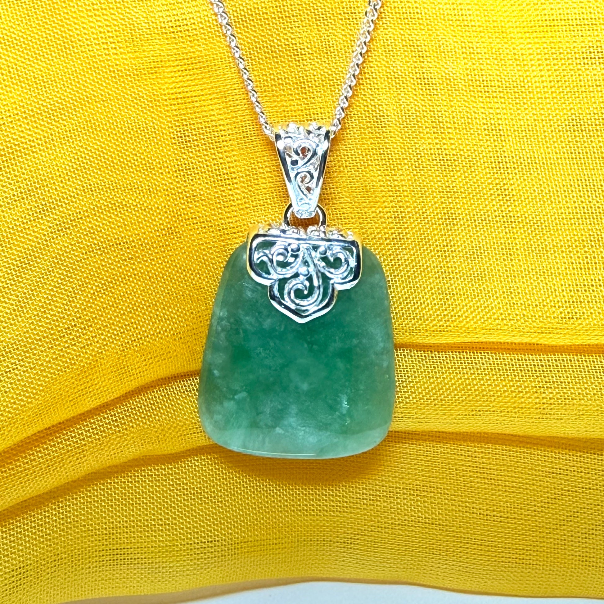 Real green jade necklace sterling silver large cushion shaped, a truly stunning pendant