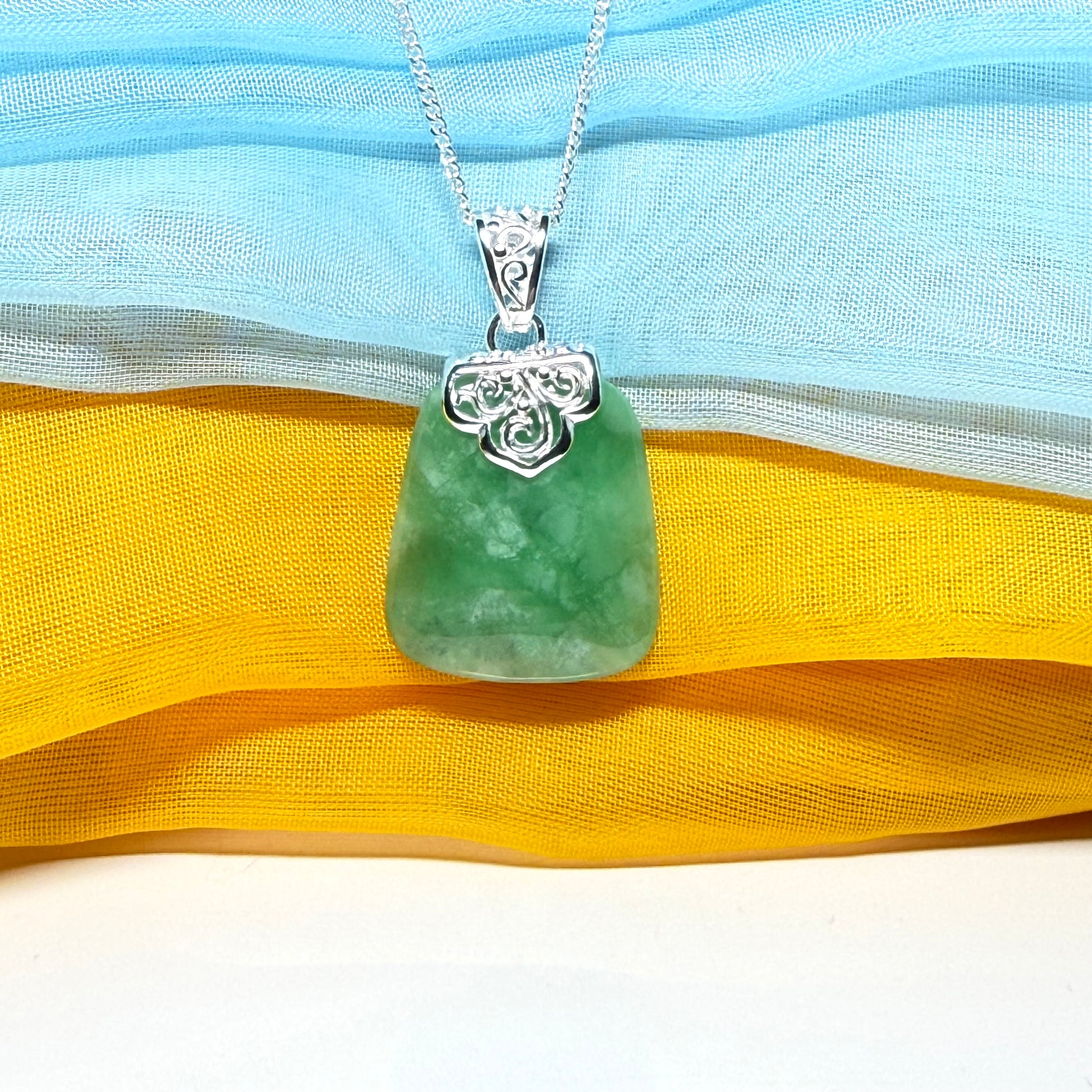 Real green jade necklace sterling silver large cushion shaped pendant
