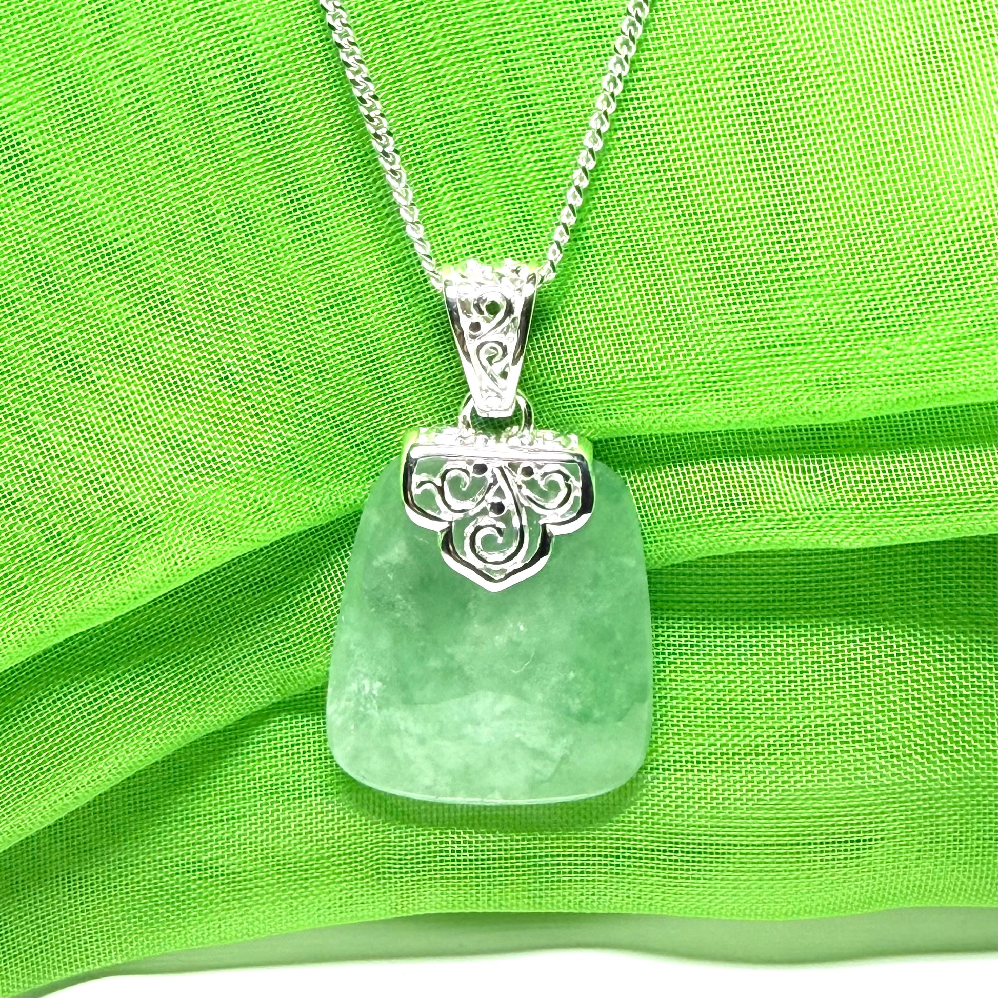 Real green jade necklace sterling silver large cushion shaped, a truly gorgeous pendant
