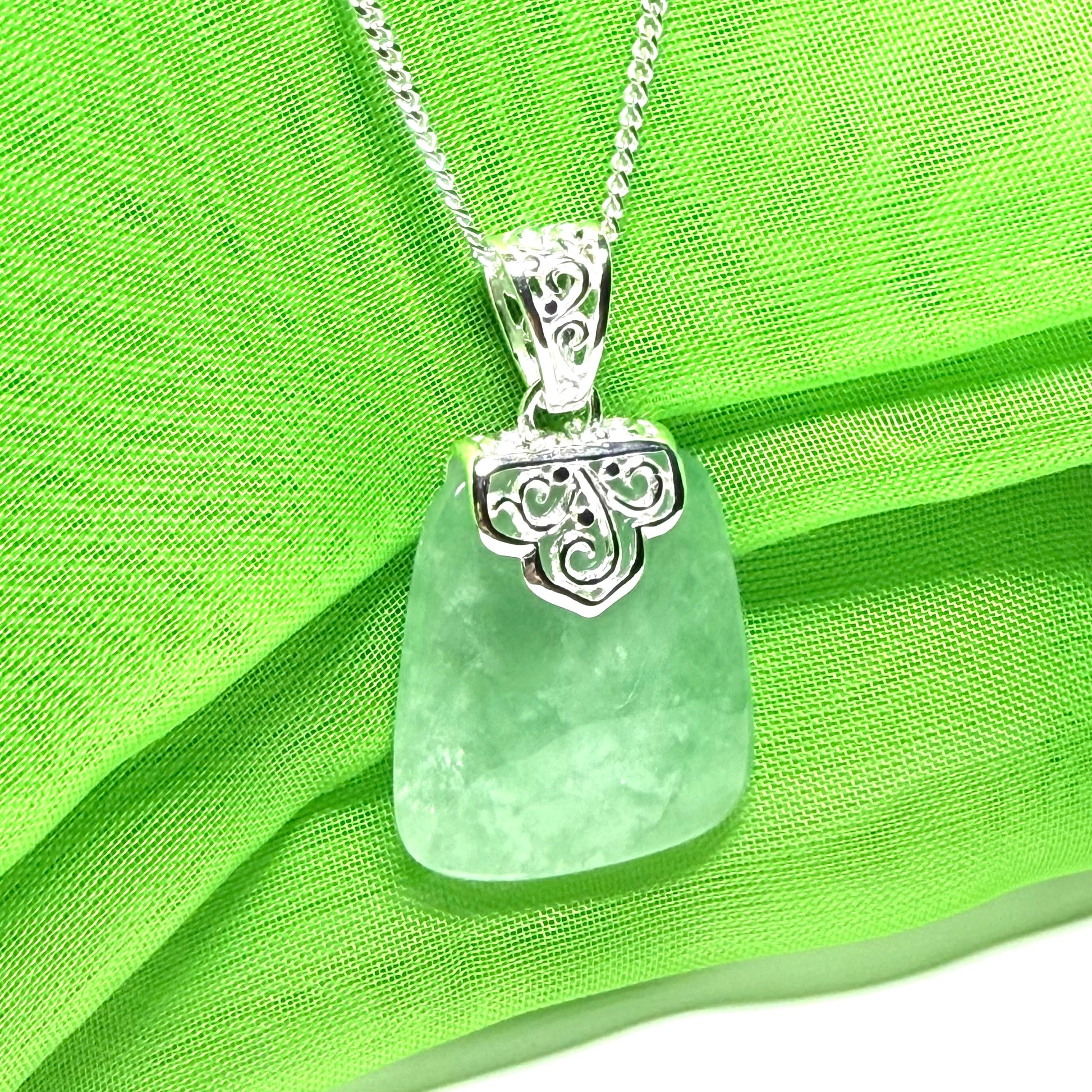 Real green jade necklace sterling silver large cushion shaped, a truly gorgeous pendant