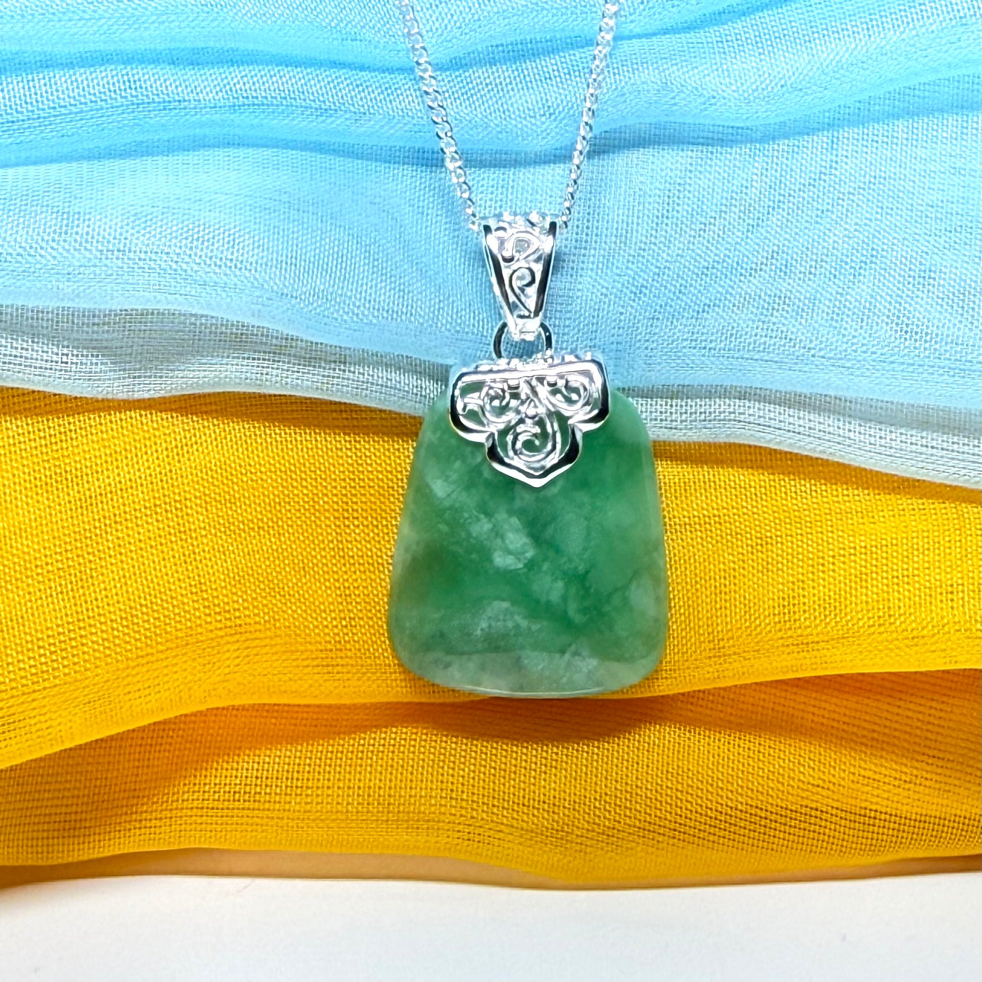 Real green jade necklace sterling silver large cushion shaped pendant