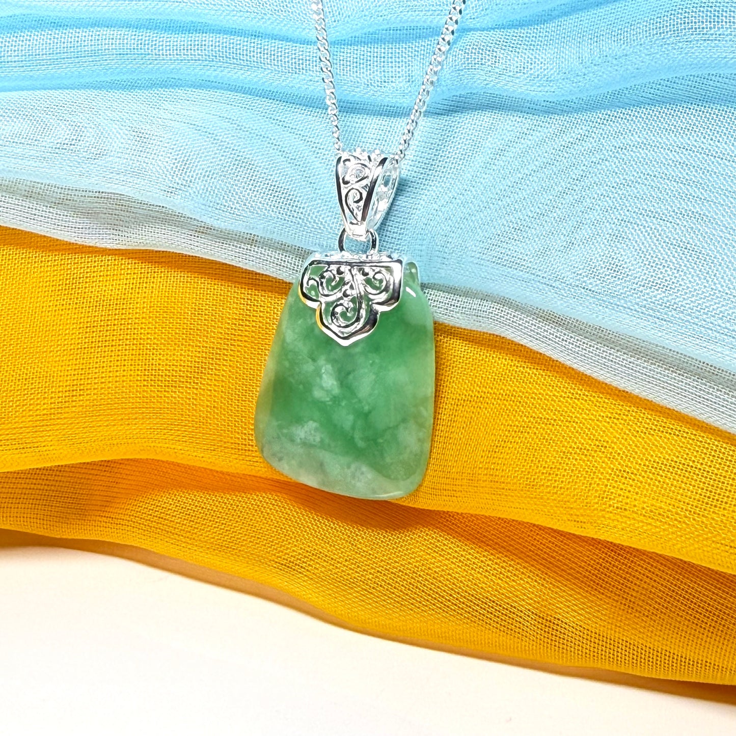 Real green jade necklace sterling silver large cushion shaped pendant