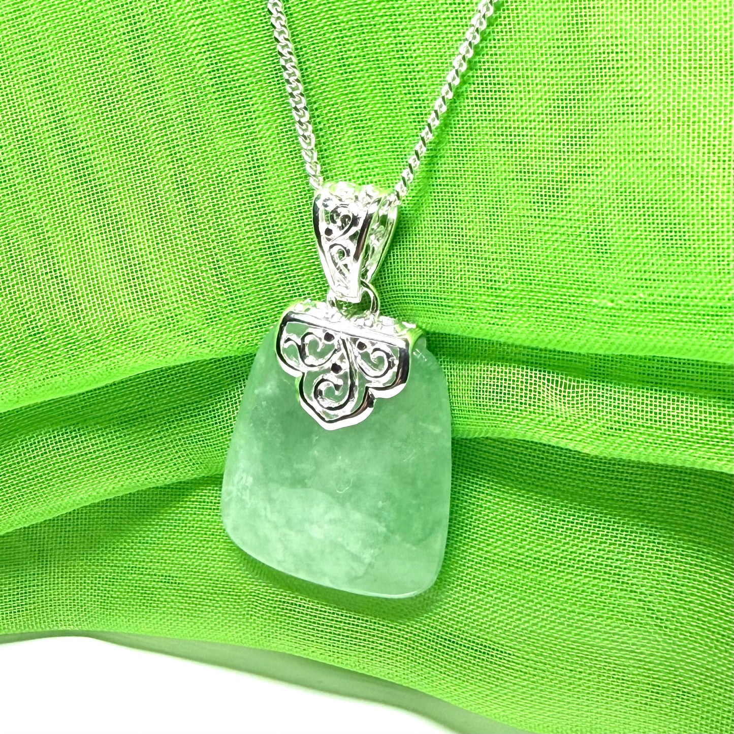 Real green jade necklace sterling silver large cushion shaped, a truly gorgeous pendant