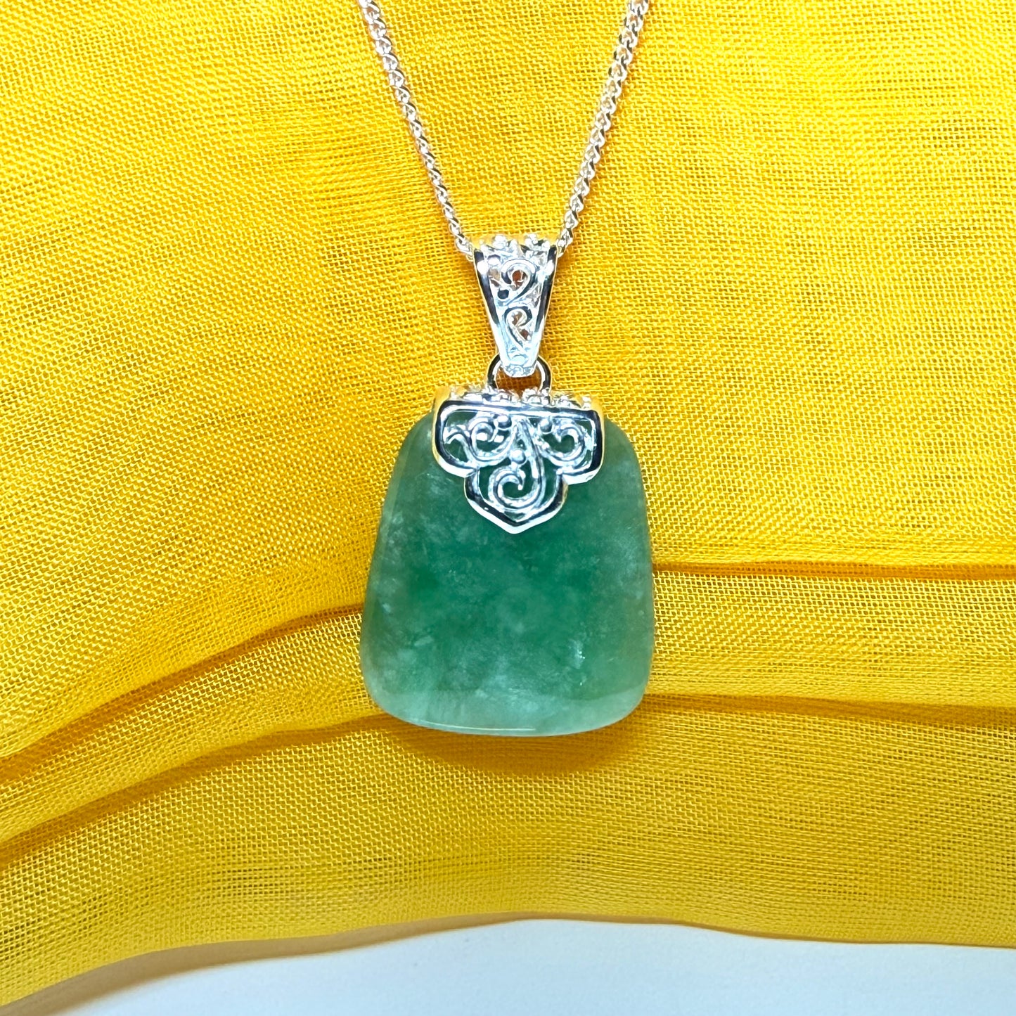 Real green jade necklace sterling silver large cushion shaped, a truly stunning pendant
