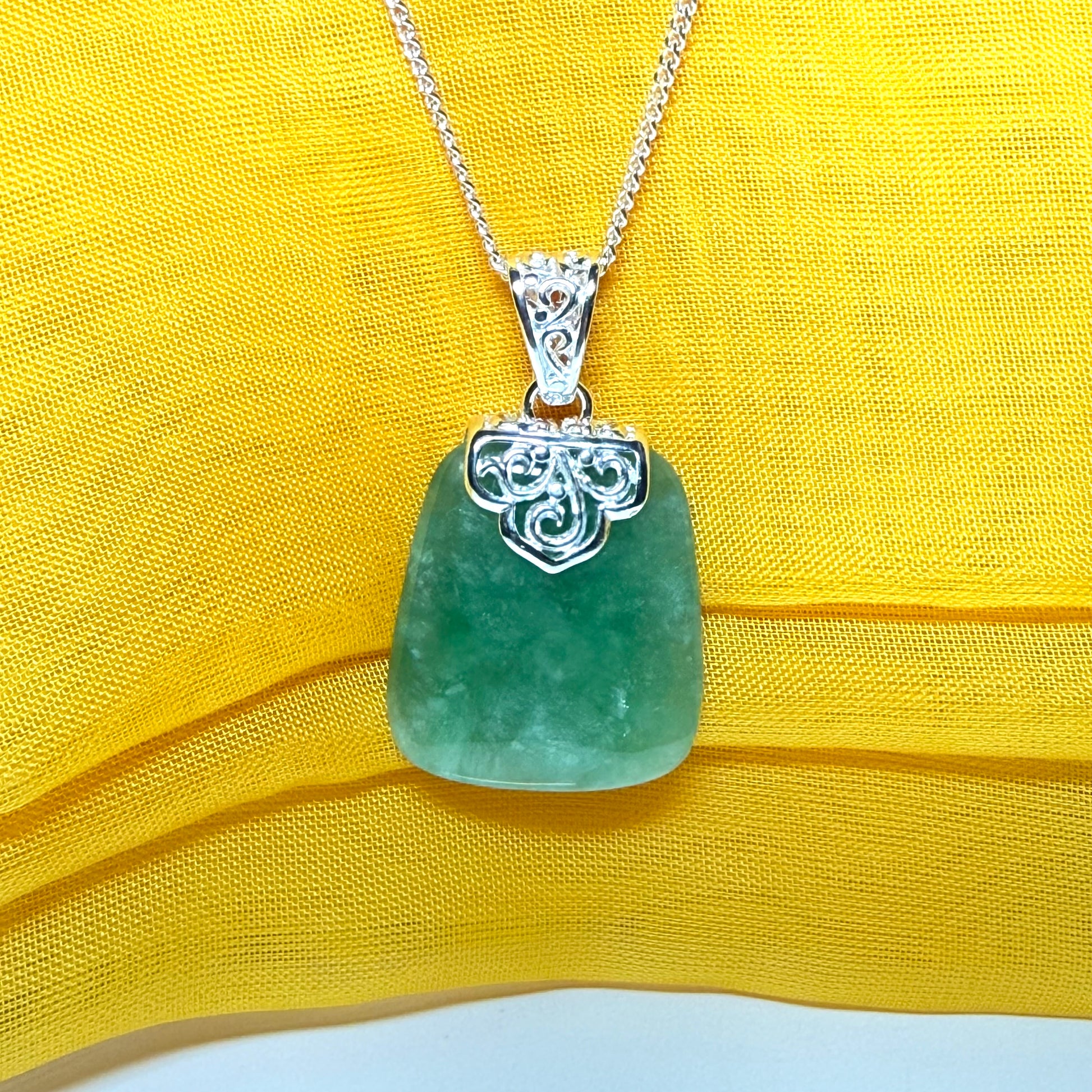 Real green jade necklace sterling silver large cushion shaped, a truly stunning pendant