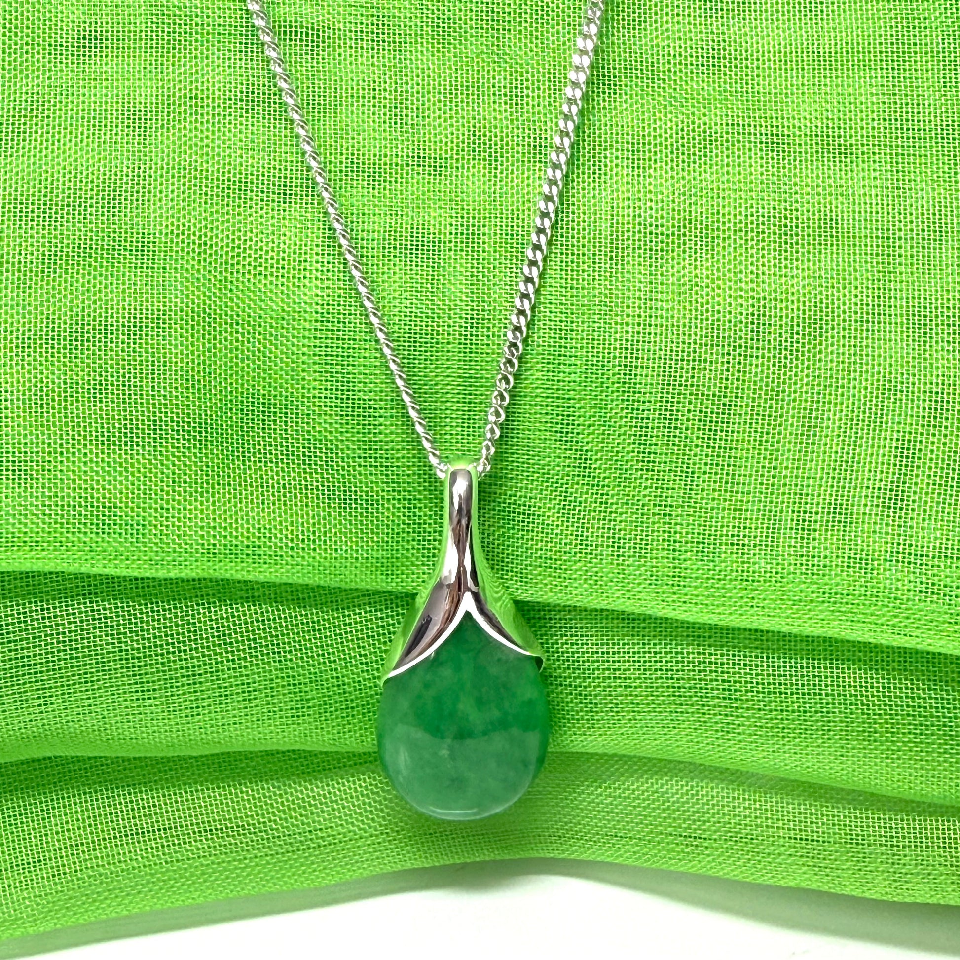 Real green jade necklace tear drop shape sterling silver pear shaped pendant