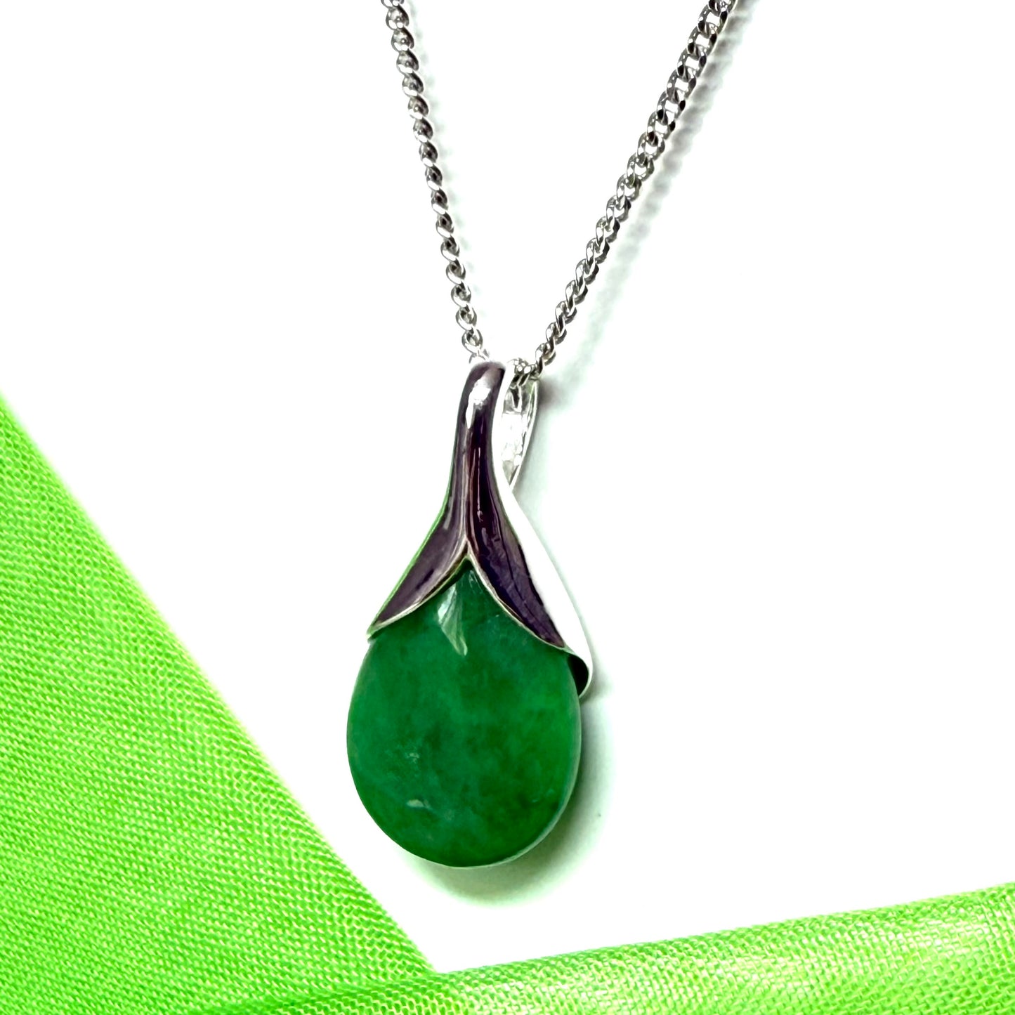 Real green jade necklace tear drop shape sterling silver pear shaped pendant with chain