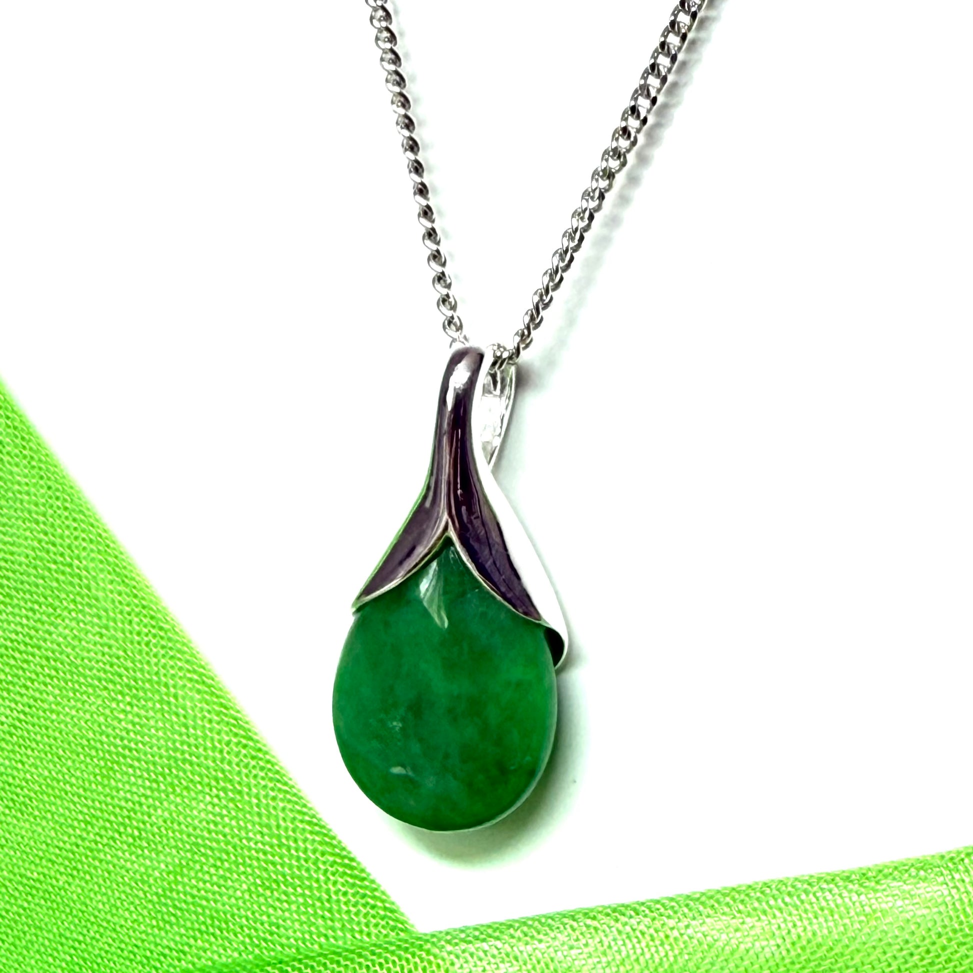 Real green jade necklace tear drop shape sterling silver pear shaped pendant with chain