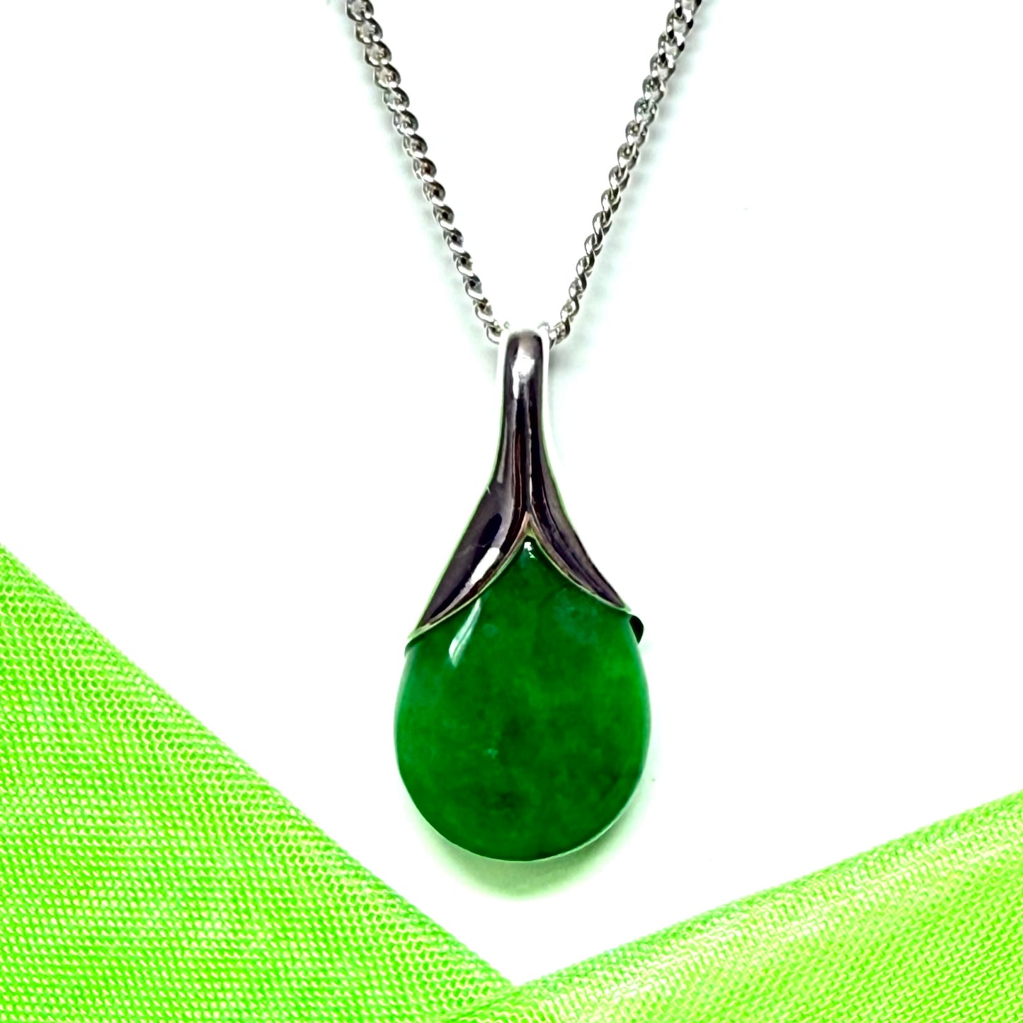 Real green jade necklace tear drop shape sterling silver pear shaped pendant with chain
